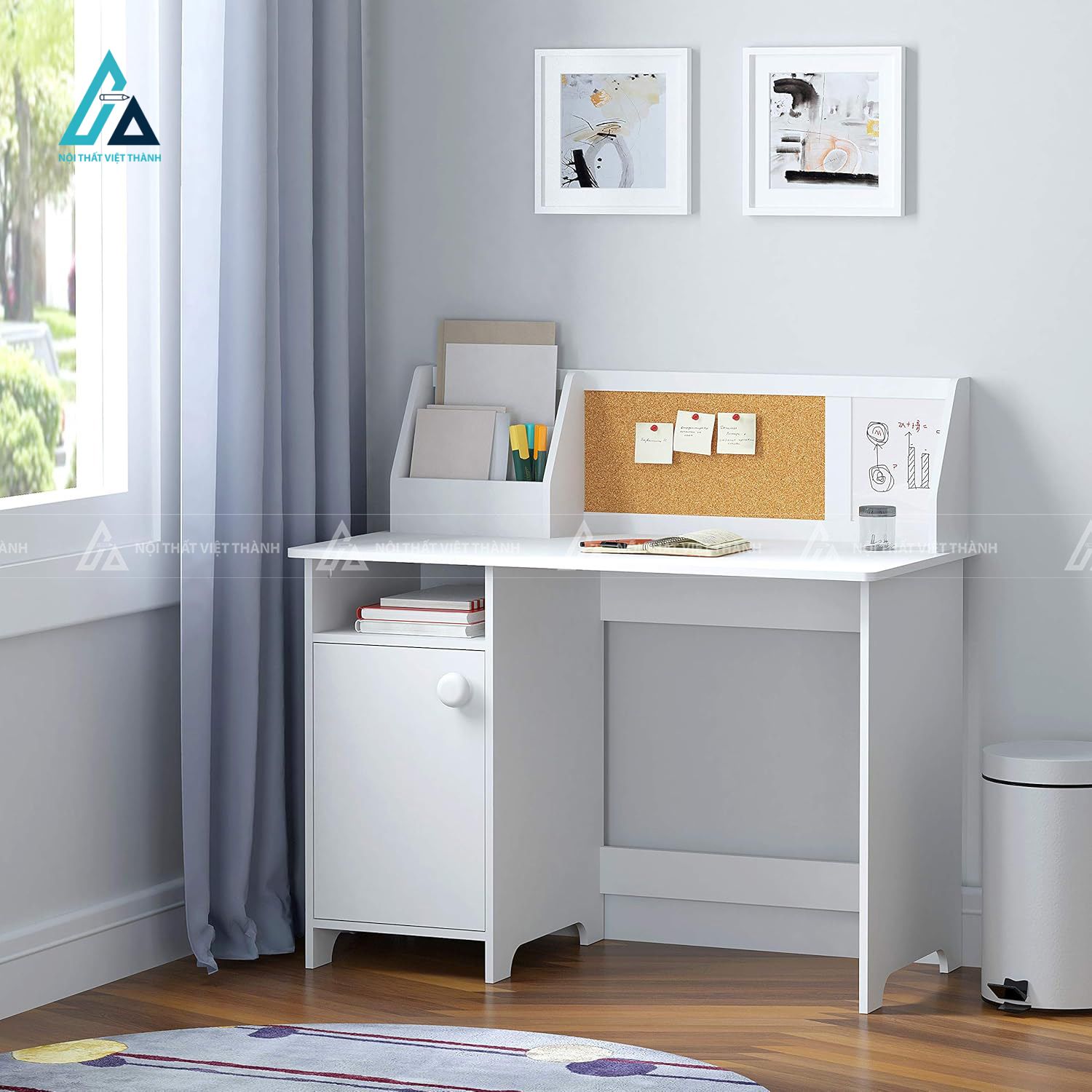 Bàn Học Trẻ Em Màu Trắng Tích Hợp Kệ Để Tài Liệu Thông Minh 1