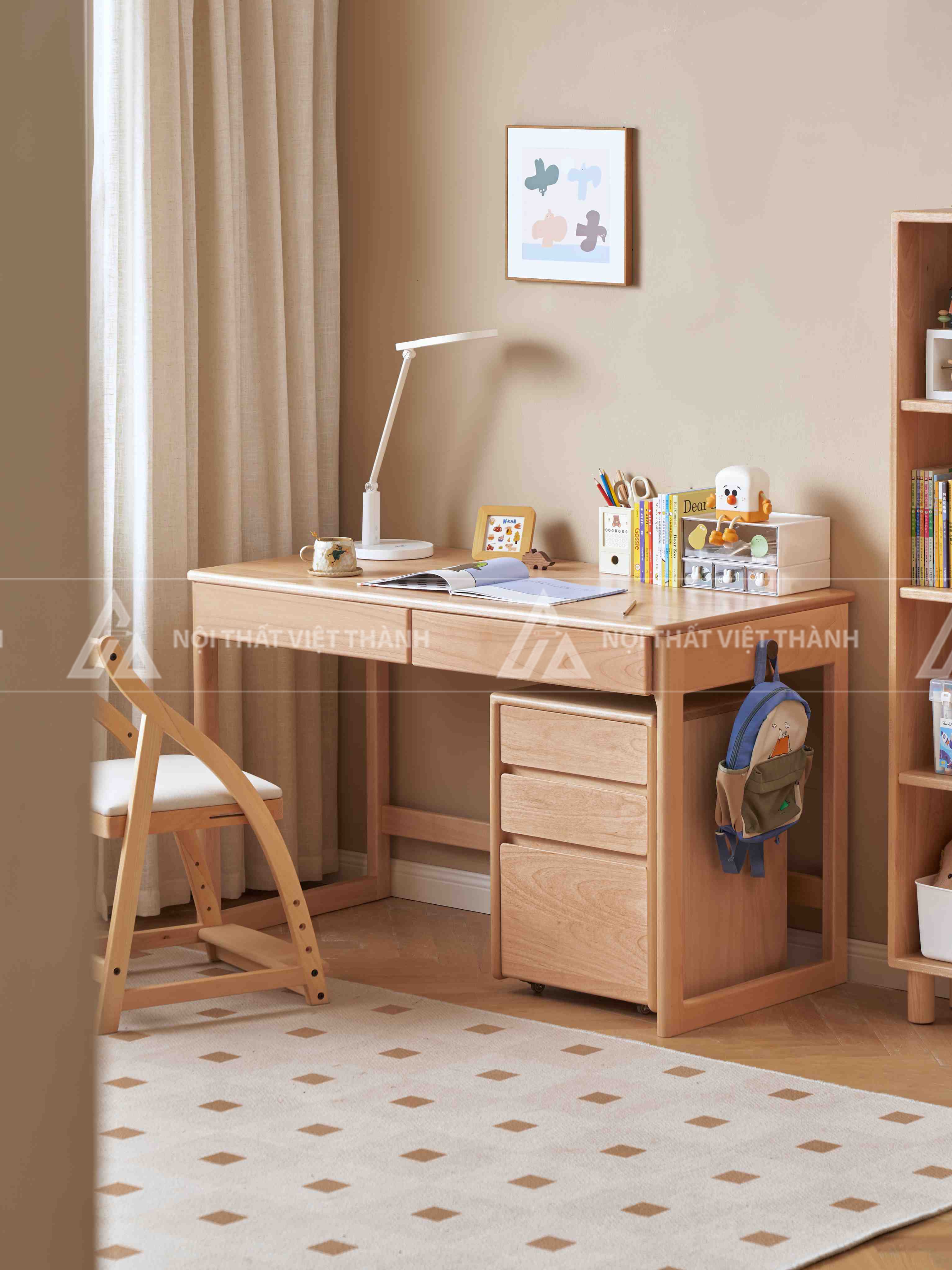 Bàn Học Sinh Thiết Kế Liền Giá Sách Và Tủ Ngăn Kéo Di Động 7