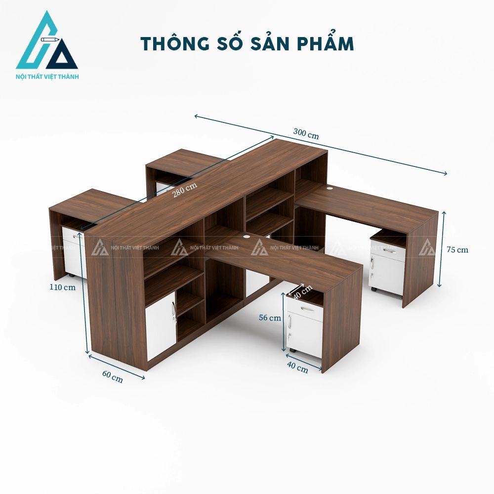 Cụm bàn làm việc 4 người có hệ kệ tài liệu trung tâm 3