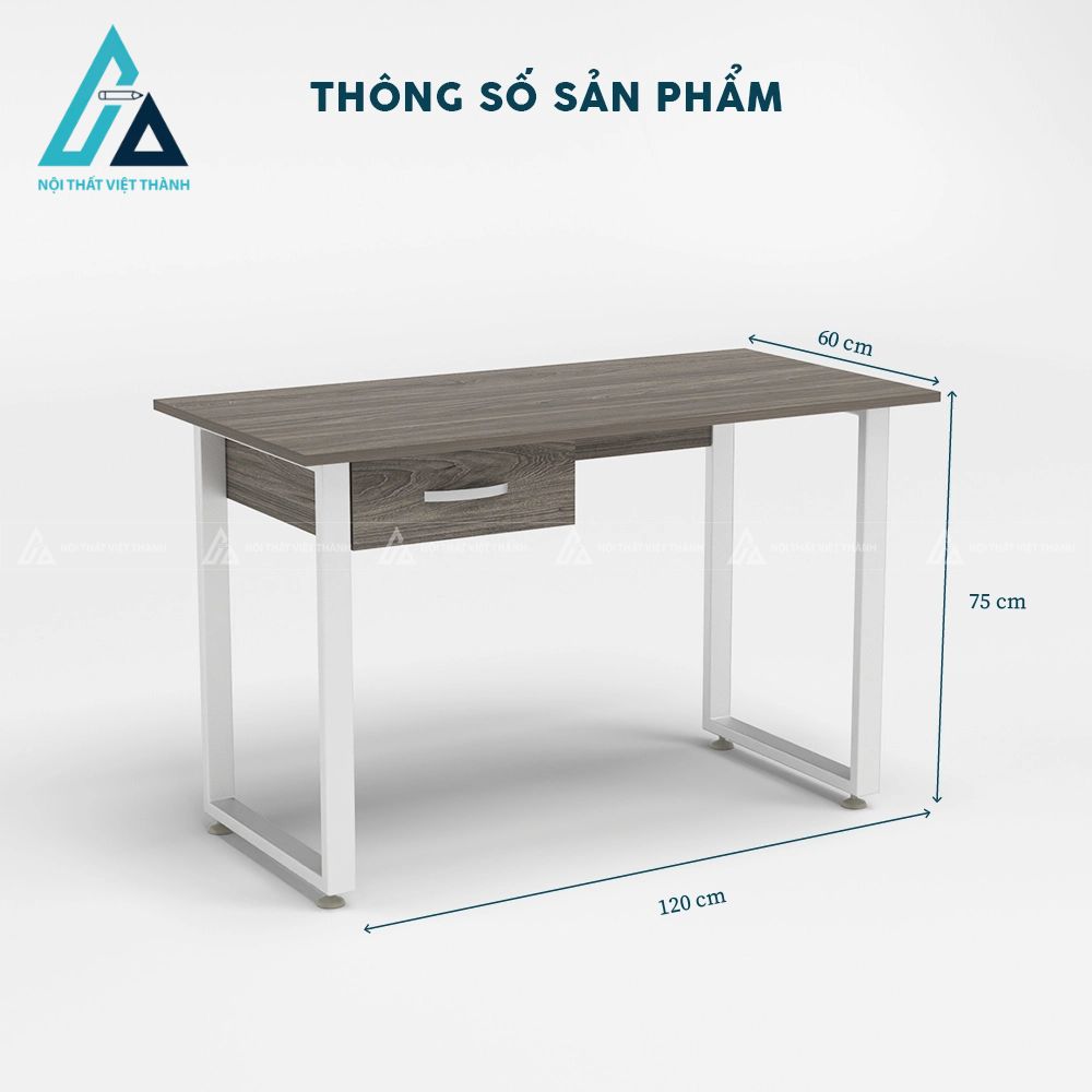 Bàn làm việc chân sắt chữ u trắng có ngăn kéo 3