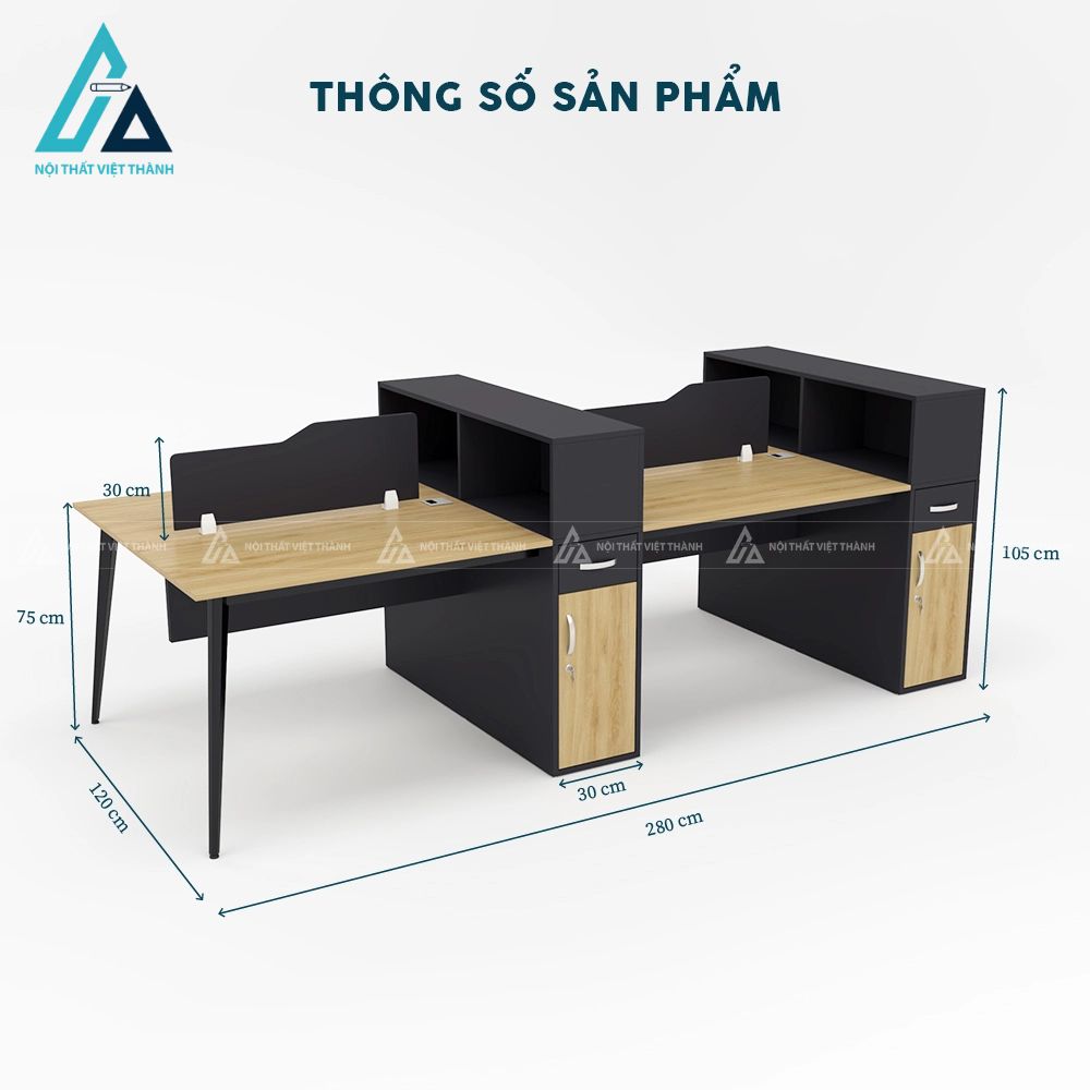 Cụm bàn nhân viên 4 chỗ có hộc tủ và ngăn kéo riêng biệt 4