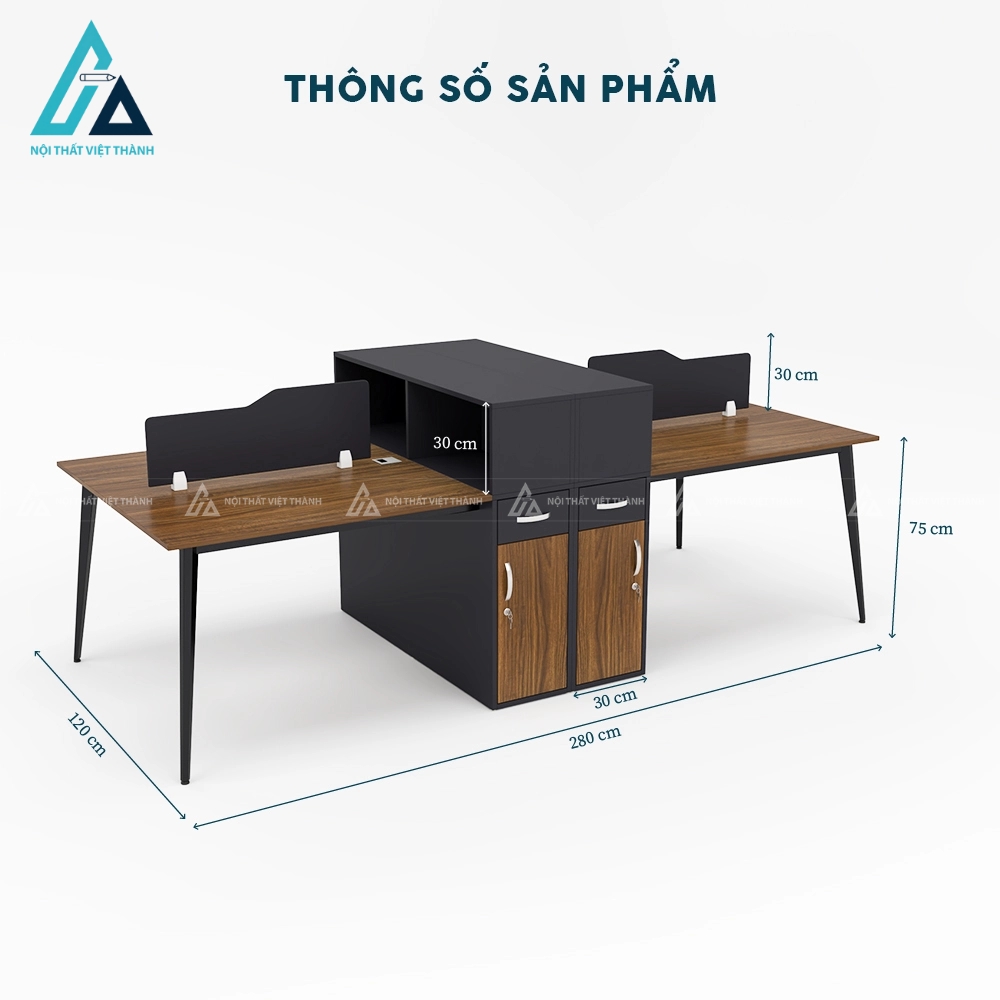 Cụm bàn làm việc 4 người màu gỗ đậm sang trọng 3