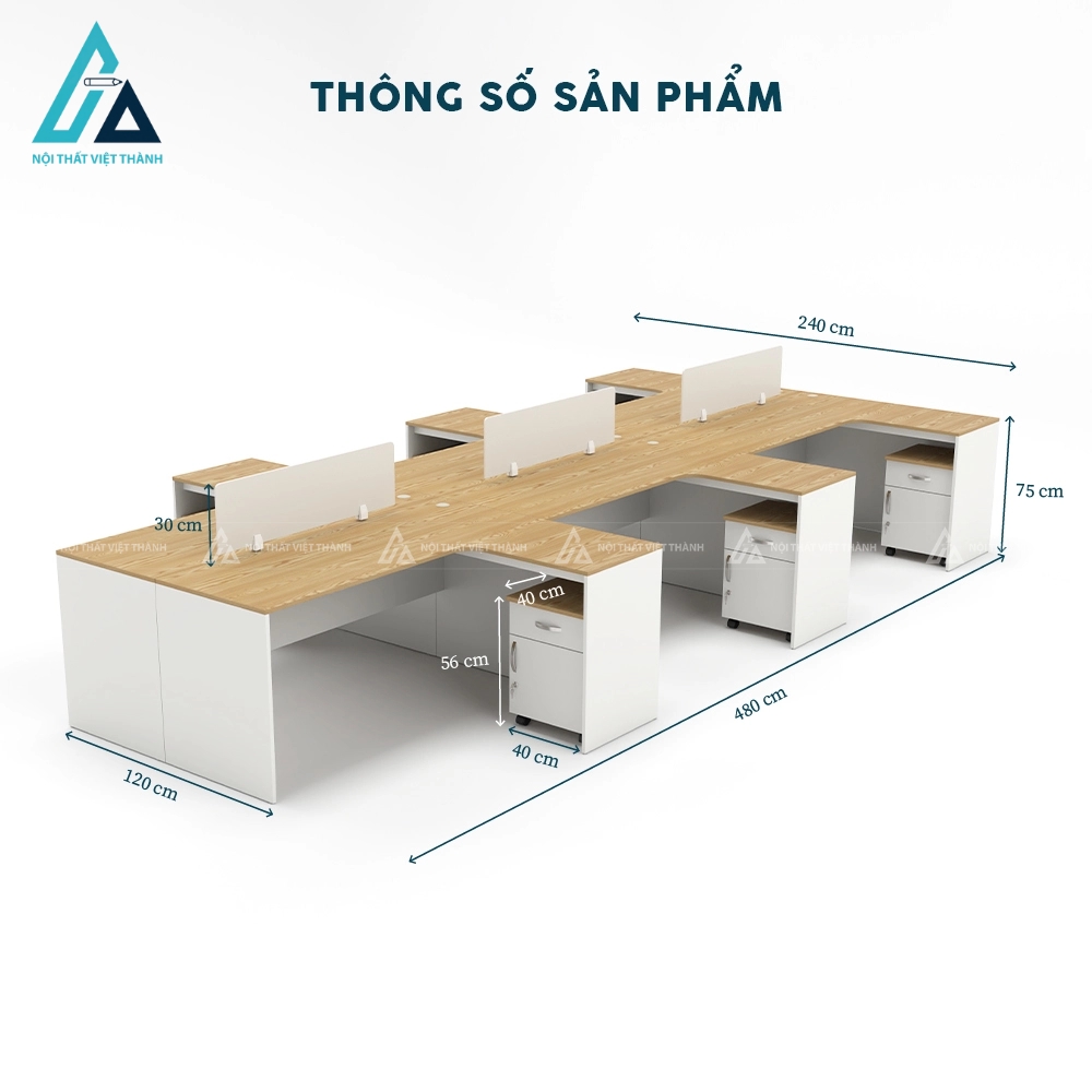 Bàn làm việc 6 người thiết kế chữ l đối xứng 3