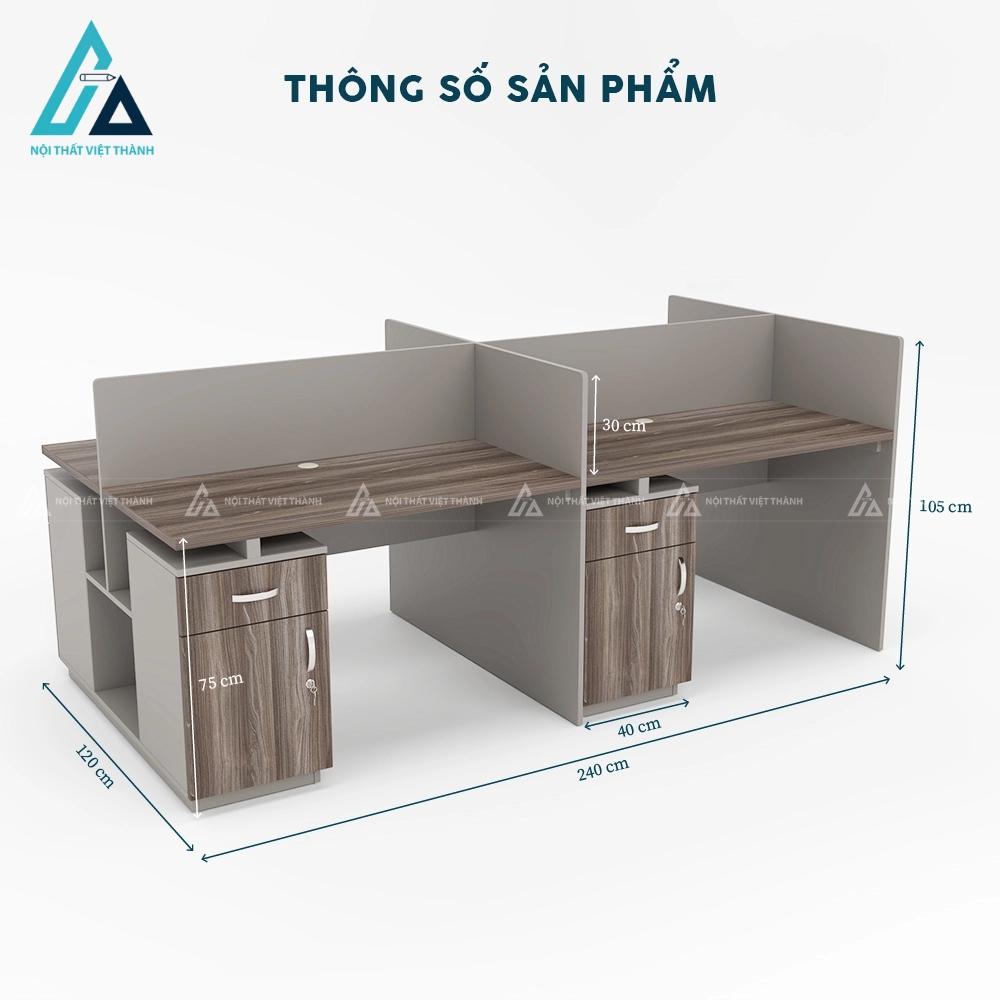 Bàn làm việc nhân viên 4 chỗ tích hợp hộc tủ chân bàn 3
