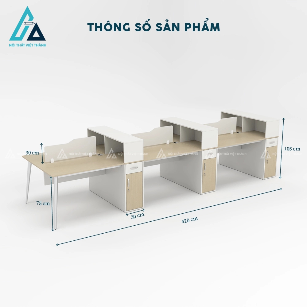 Bàn làm việc nhân viên 6 chỗ có vách ngăn và hộc tủ khóa 4