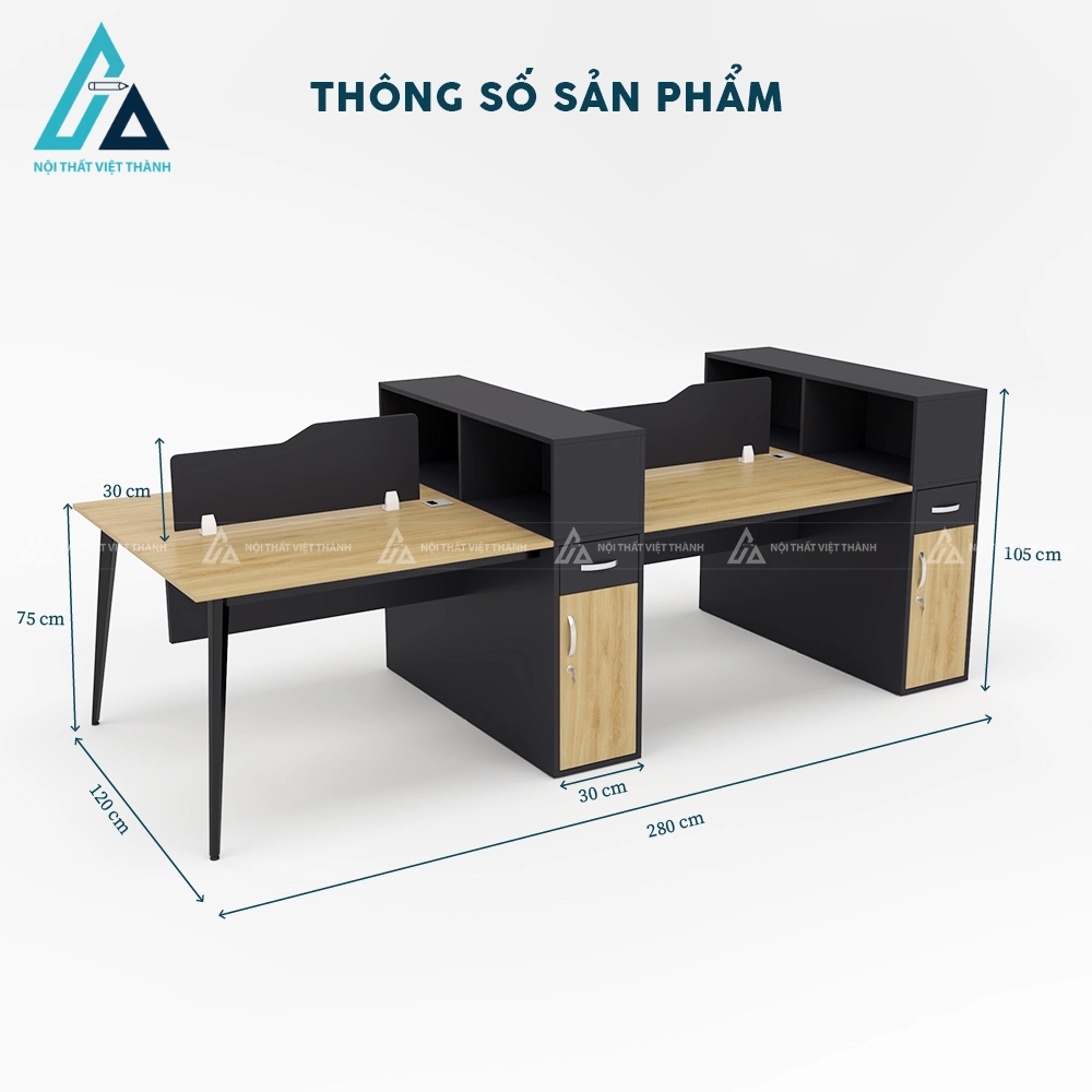 Cụm bàn làm việc 4 chỗ chân sắt mặt gỗ phong cách 4