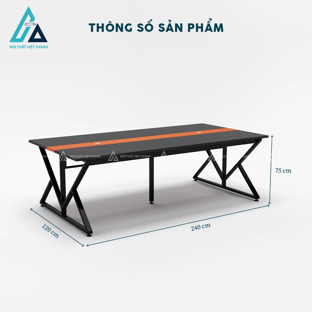 Bàn họp 2m4 mặt đen phối cam nổi bật chân sắt nghệ thuật 4