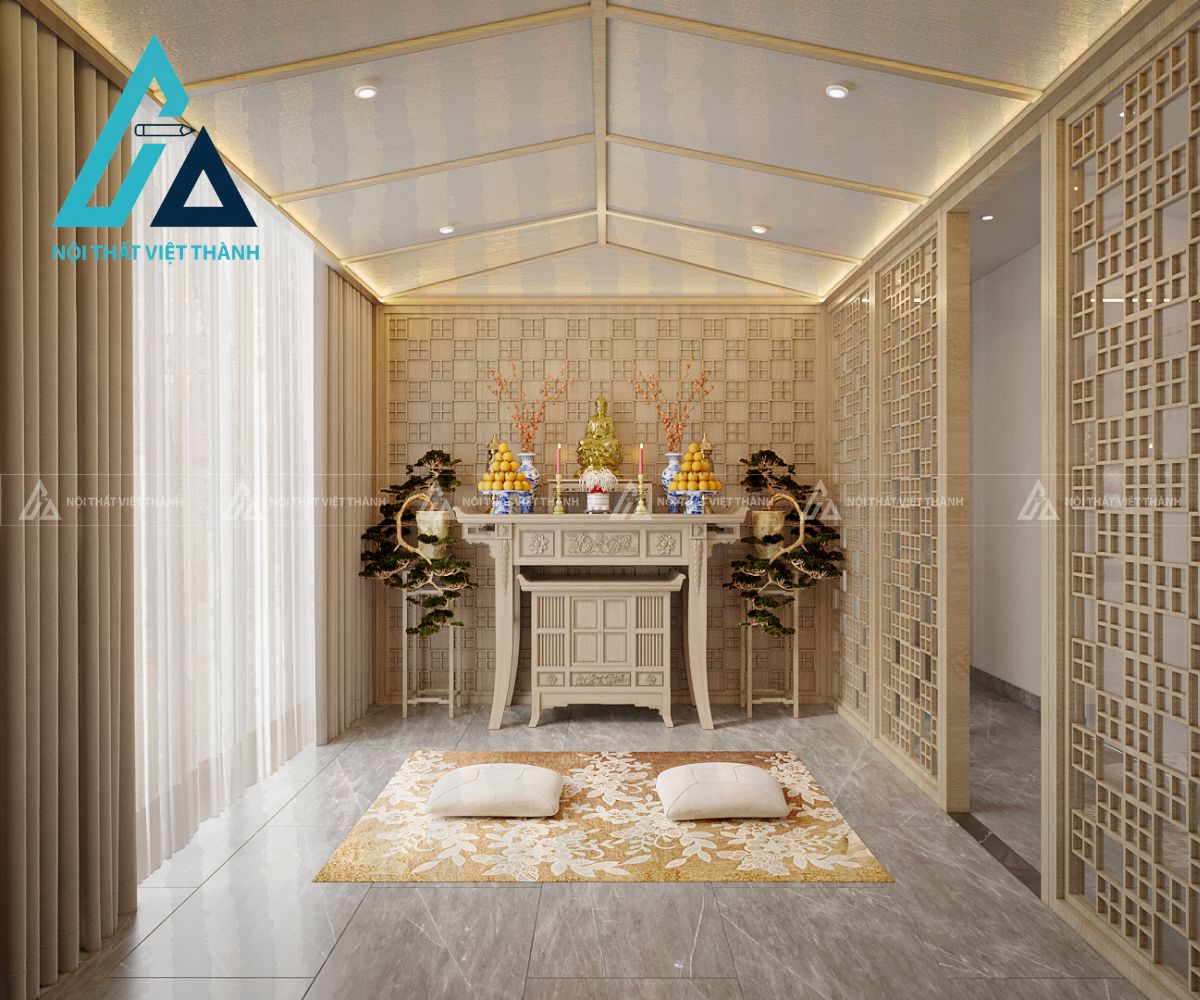 Bàn Thờ Gia Tiên Cao Cấp – Thiết Kế Phòng Thờ Sang Trọng Ánh Sáng Vàng 1