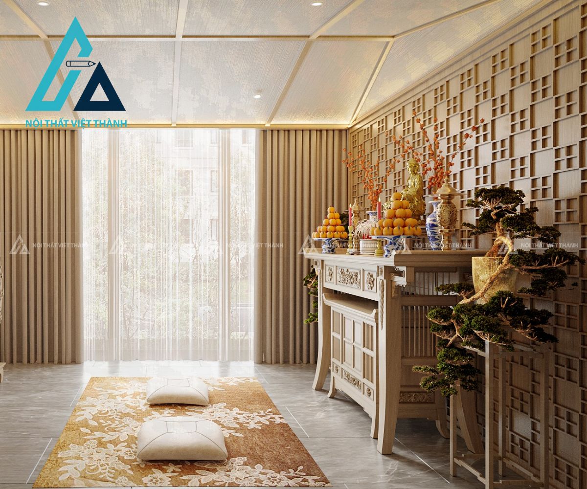 Bàn Thờ Gia Tiên Cao Cấp – Thiết Kế Phòng Thờ Sang Trọng Ánh Sáng Vàng 2