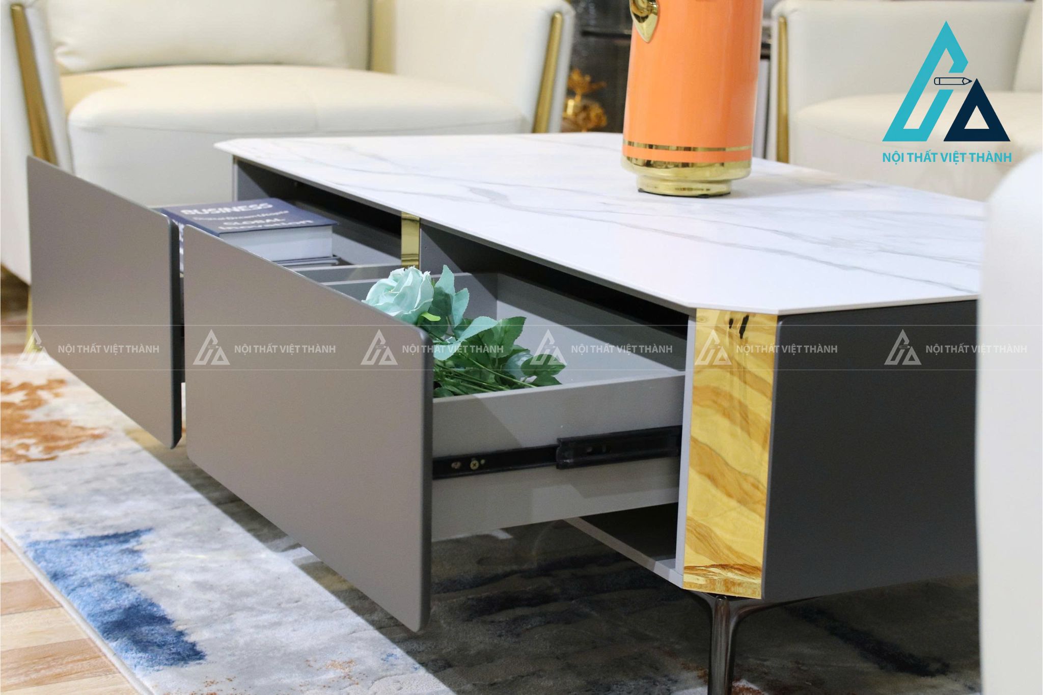 Bàn Trà Mặt Đá Ceramic Khung Gỗ Chân Kim Loại Tối Giản Thanh Lịch 1