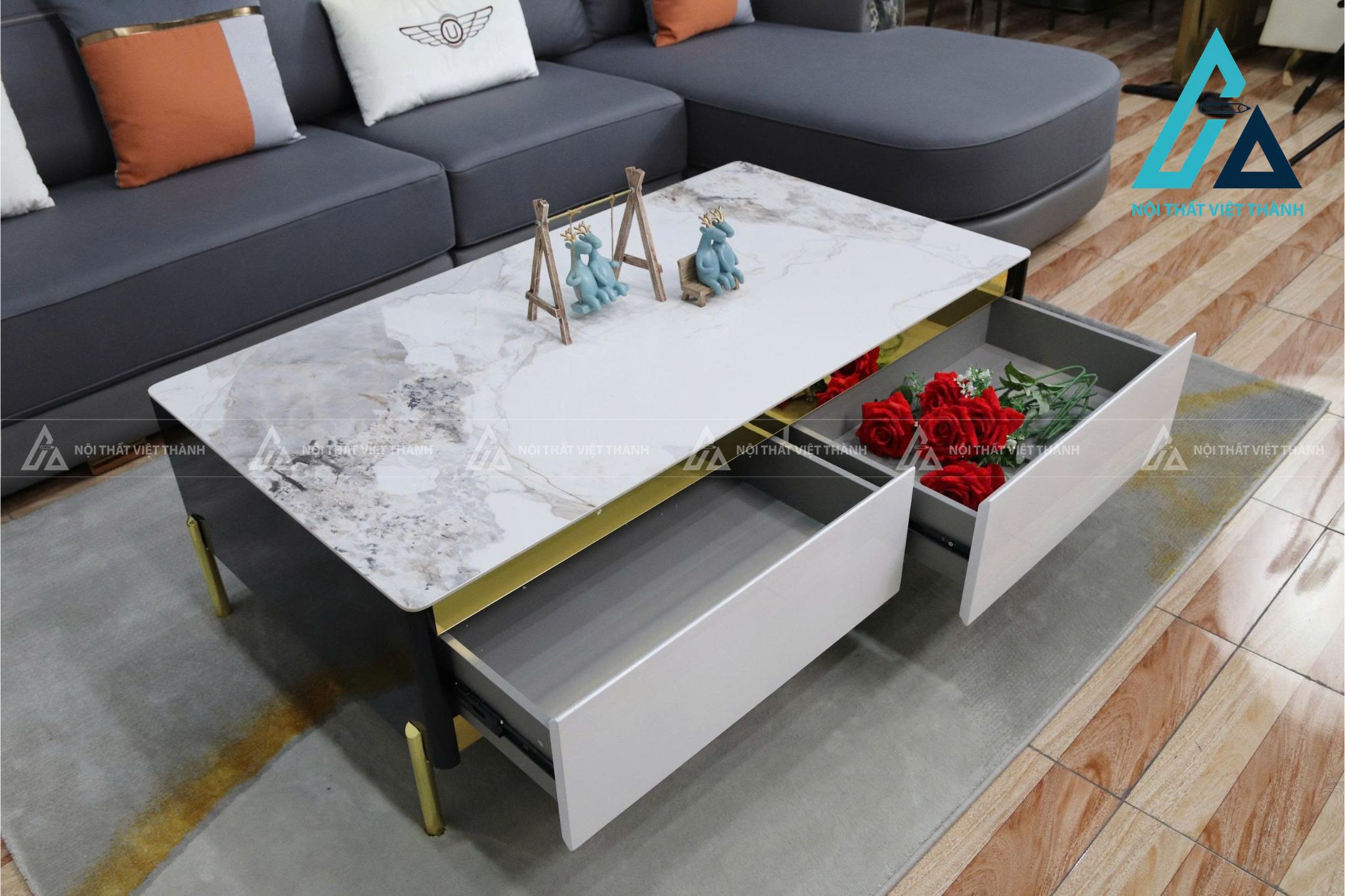 Bàn Trà Mặt Đá Ceramic Khung Gỗ Cao Cấp Chân Kim Loại Tối Ưu Không Gian