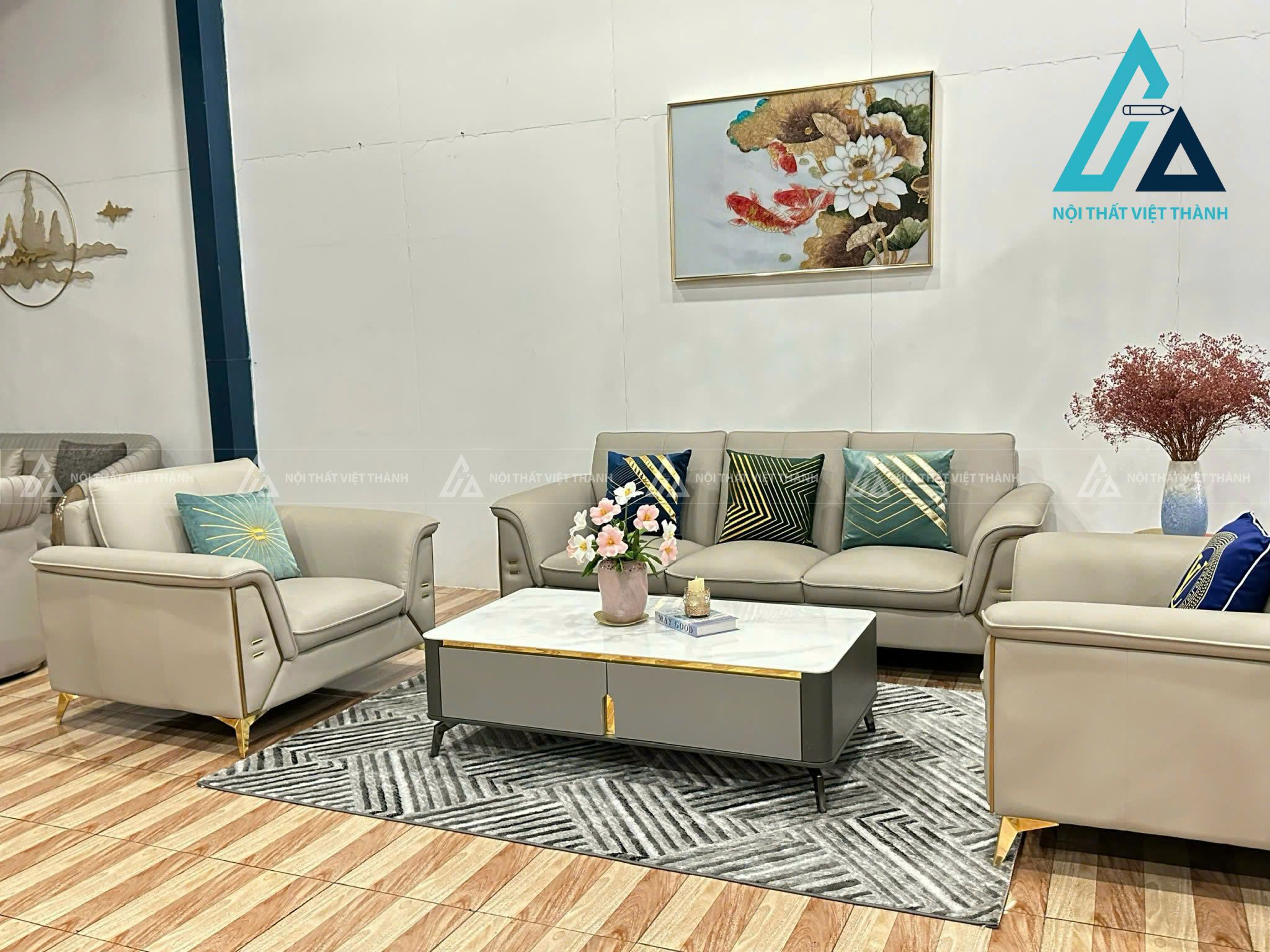 Bàn Trà Mặt Đá Ceramic Khung Gỗ Chân Kim Loại Phong Cách Tối Giản 1