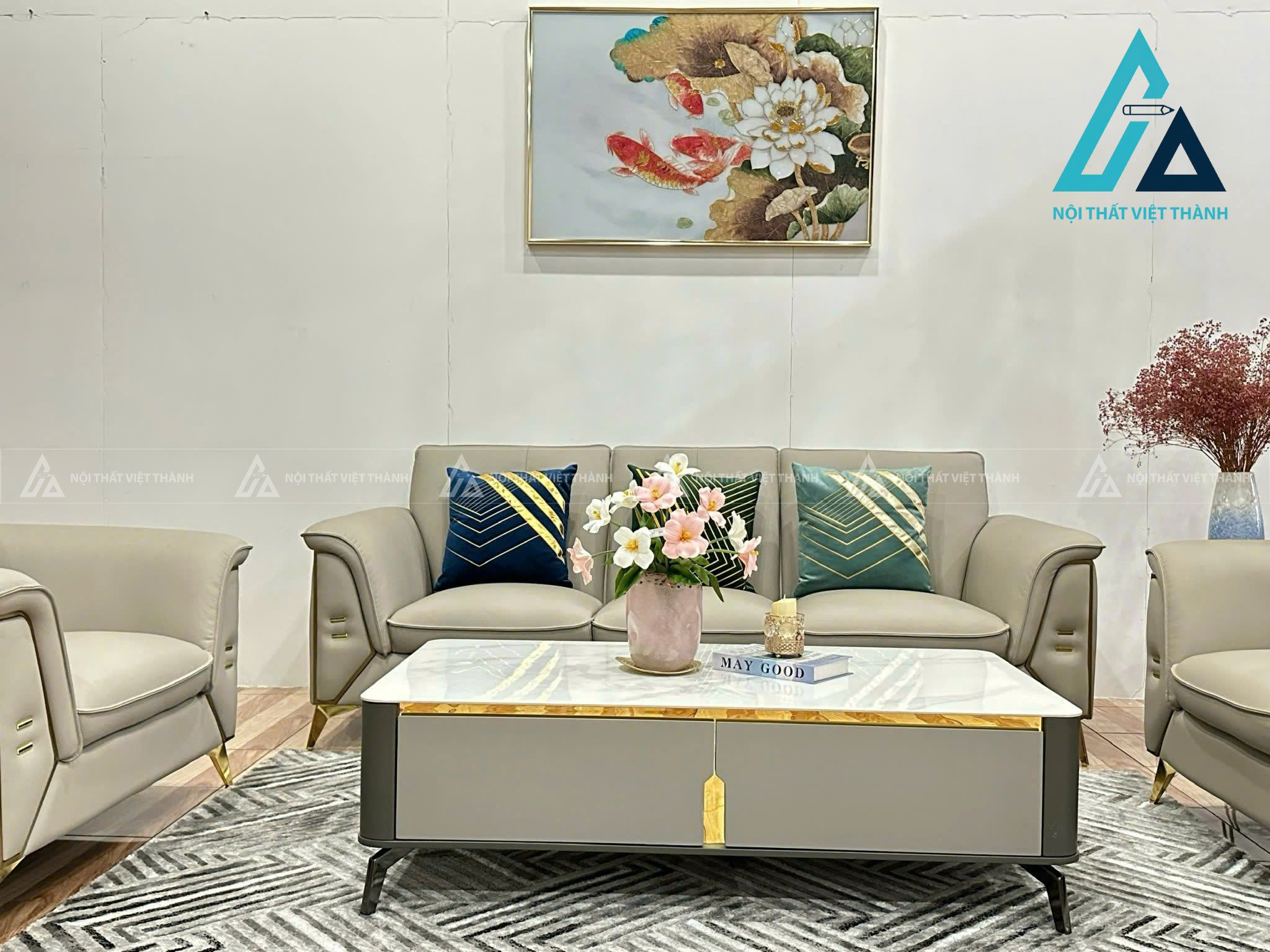 Bàn Trà Mặt Đá Ceramic Khung Gỗ Chân Kim Loại Phong Cách Tối Giản