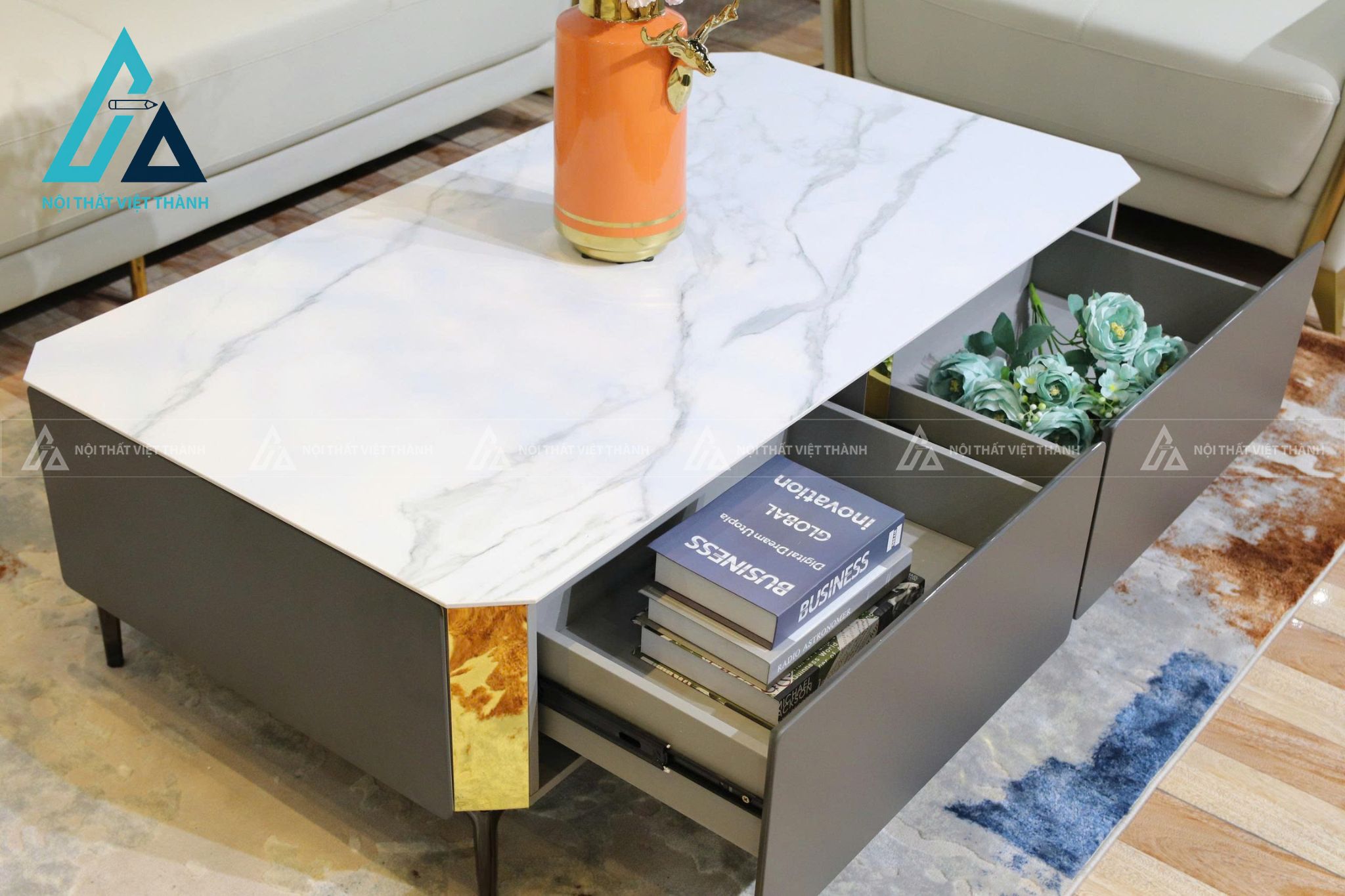 Bàn Trà Mặt Đá Ceramic Khung Gỗ Chân Kim Loại Tối Giản Thanh Lịch