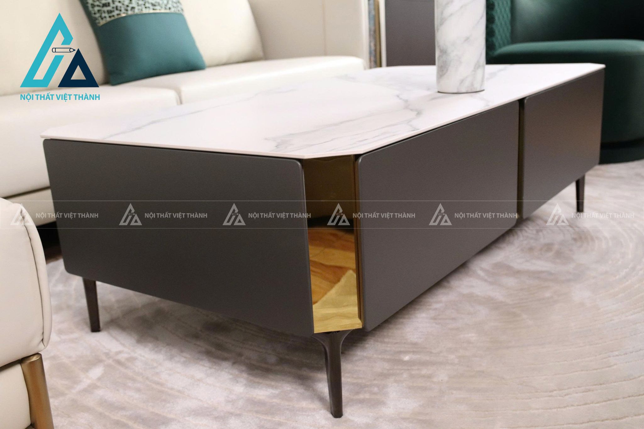 Bàn Trà Mặt Đá Ceramic Khung Gỗ Chân Kim Loại Tối Giản Thanh Lịch 2