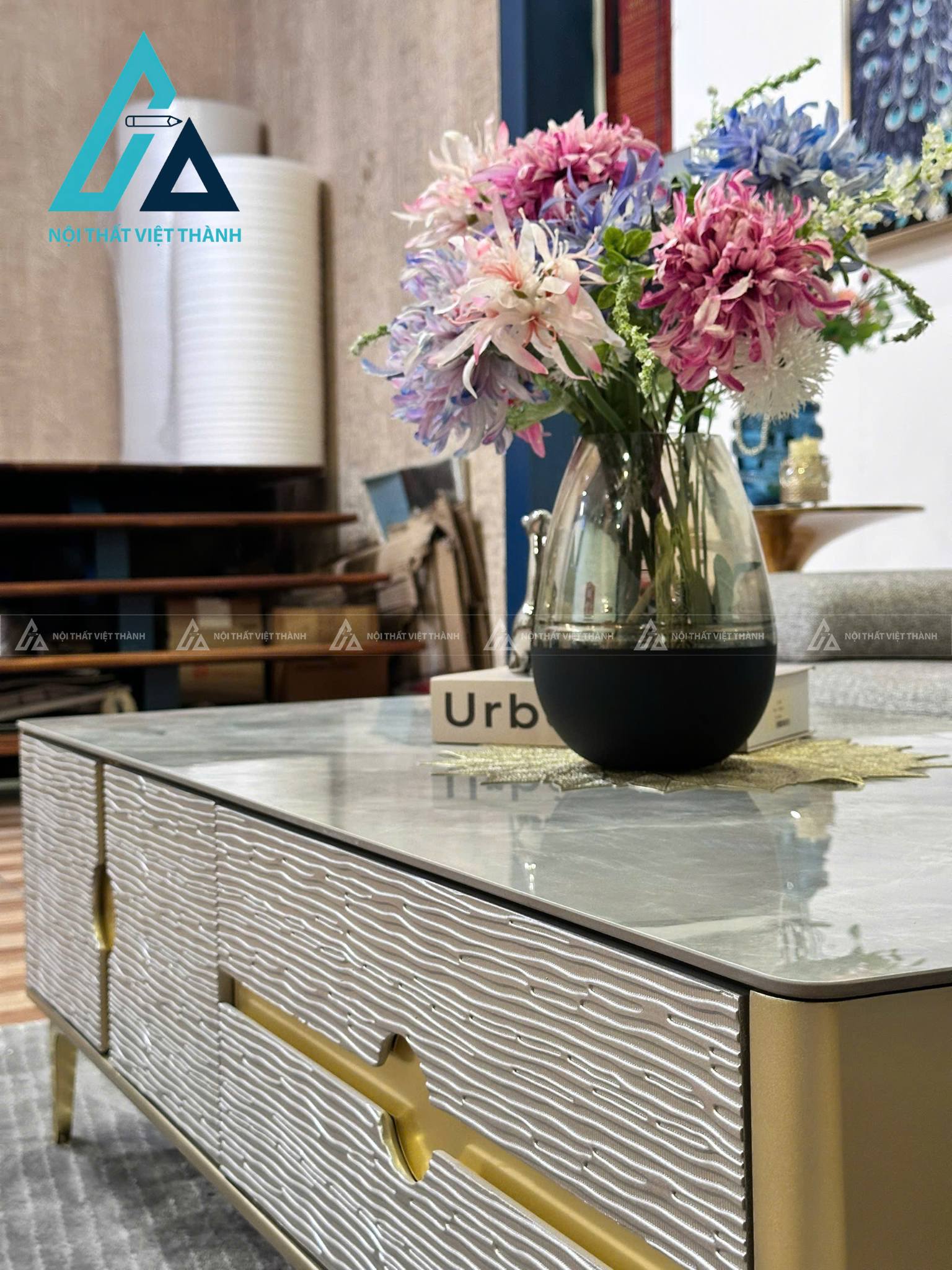 Bàn Trà Mặt Đá Ceramic Cao Cấp Khung Gỗ Chân Kim Loại Sang Trọng 5