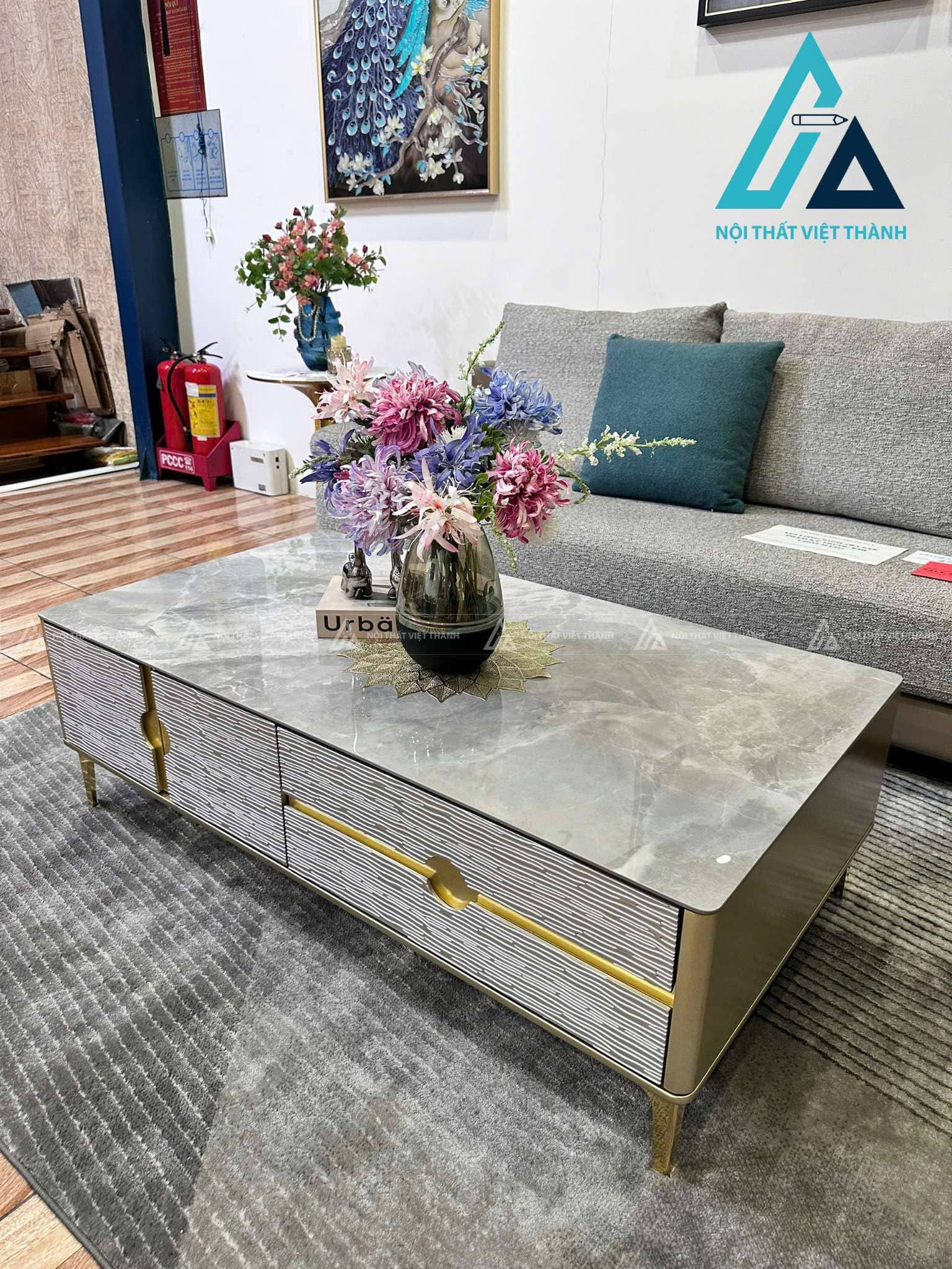 Bàn Trà Mặt Đá Ceramic Cao Cấp Khung Gỗ Chân Kim Loại Sang Trọng 6