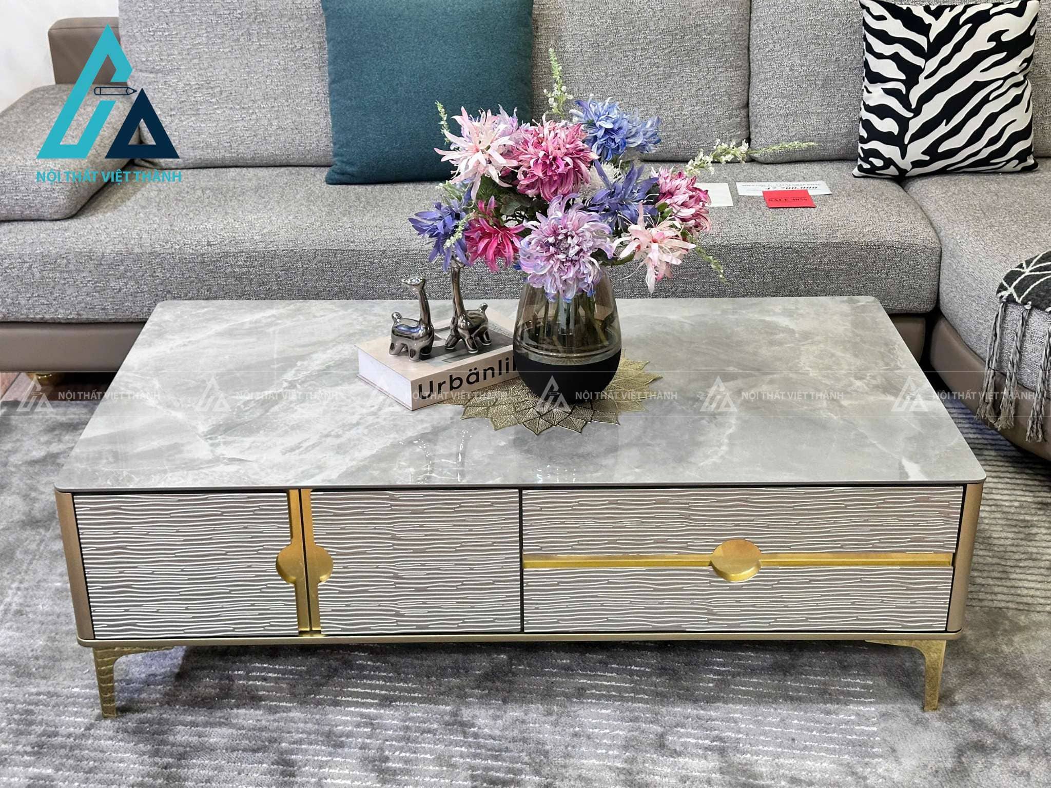 Bàn Trà Mặt Đá Ceramic Cao Cấp Khung Gỗ Chân Kim Loại Sang Trọng