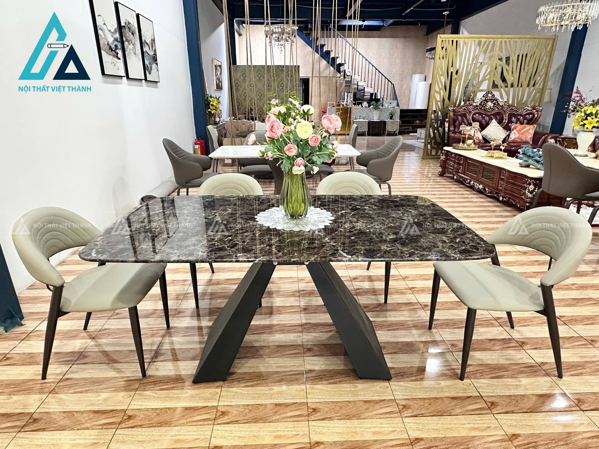 Bộ Bàn Ăn Mặt Đá Nhân Tạo Chân Kim Loại Bọc Da Thiết Kế Hiện Đại