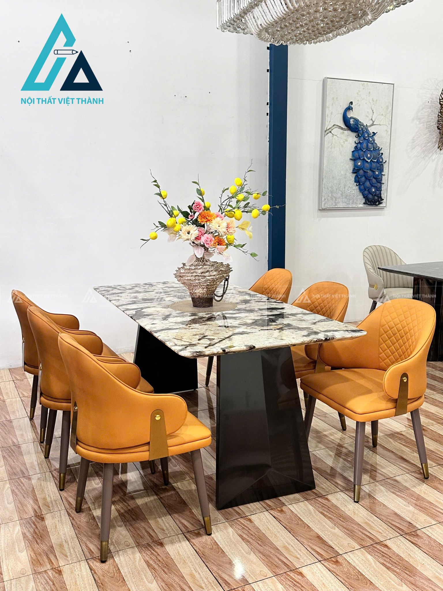 Bộ Bàn Ăn Mặt Đá Tự Nhiên Đẹp Hiện Đại Chân Thép Carbon Không Gỉ