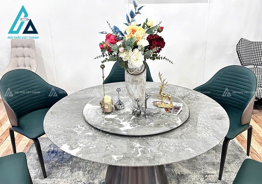 Bộ Bàn Ăn Tròn Xoay Mặt Đá Tự Nhiên Chân Thép Carbon Không Gỉ 1
