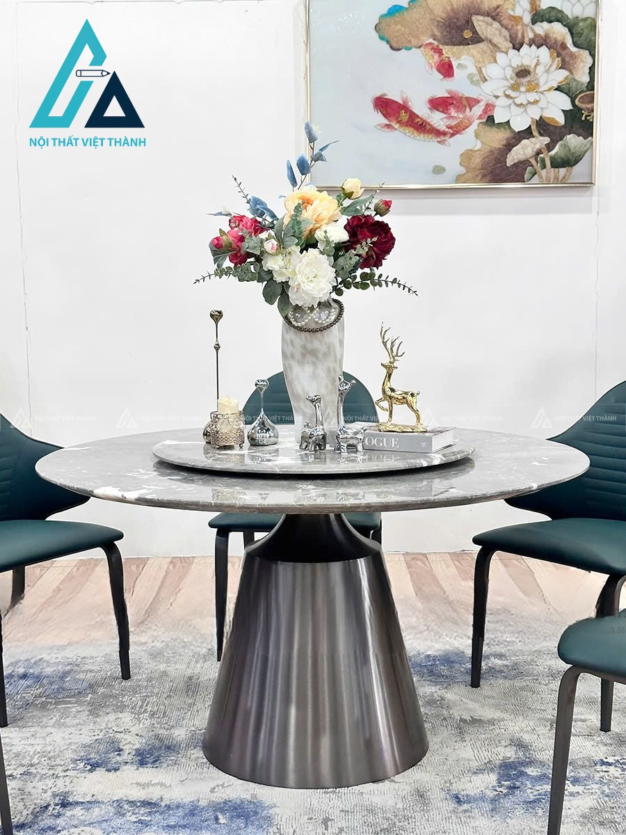Bộ Bàn Ăn Tròn Xoay Mặt Đá Tự Nhiên Chân Thép Carbon Không Gỉ 2