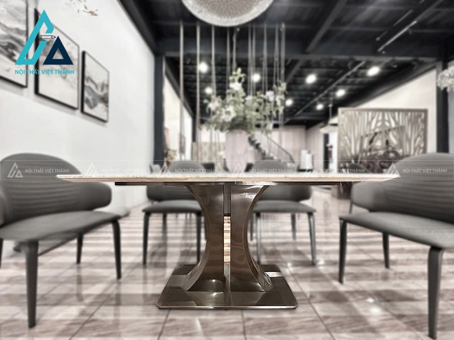 Bộ Bàn Ăn Mặt Đá Tự Nhiên Chân Thép Carbon Phong Cách Hiện Đại