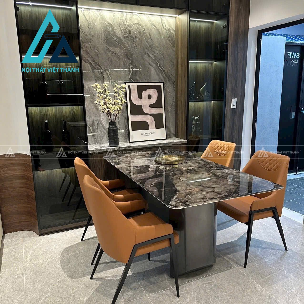 Bộ bàn ăn chữ nhật đá 