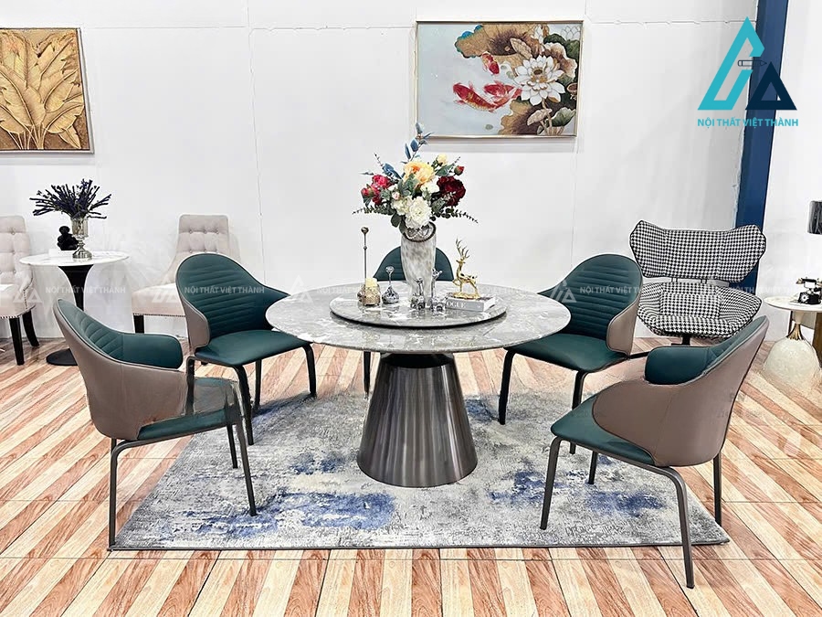 Bộ Bàn Ăn Tròn Xoay Mặt Đá Tự Nhiên Chân Thép Carbon Không Gỉ