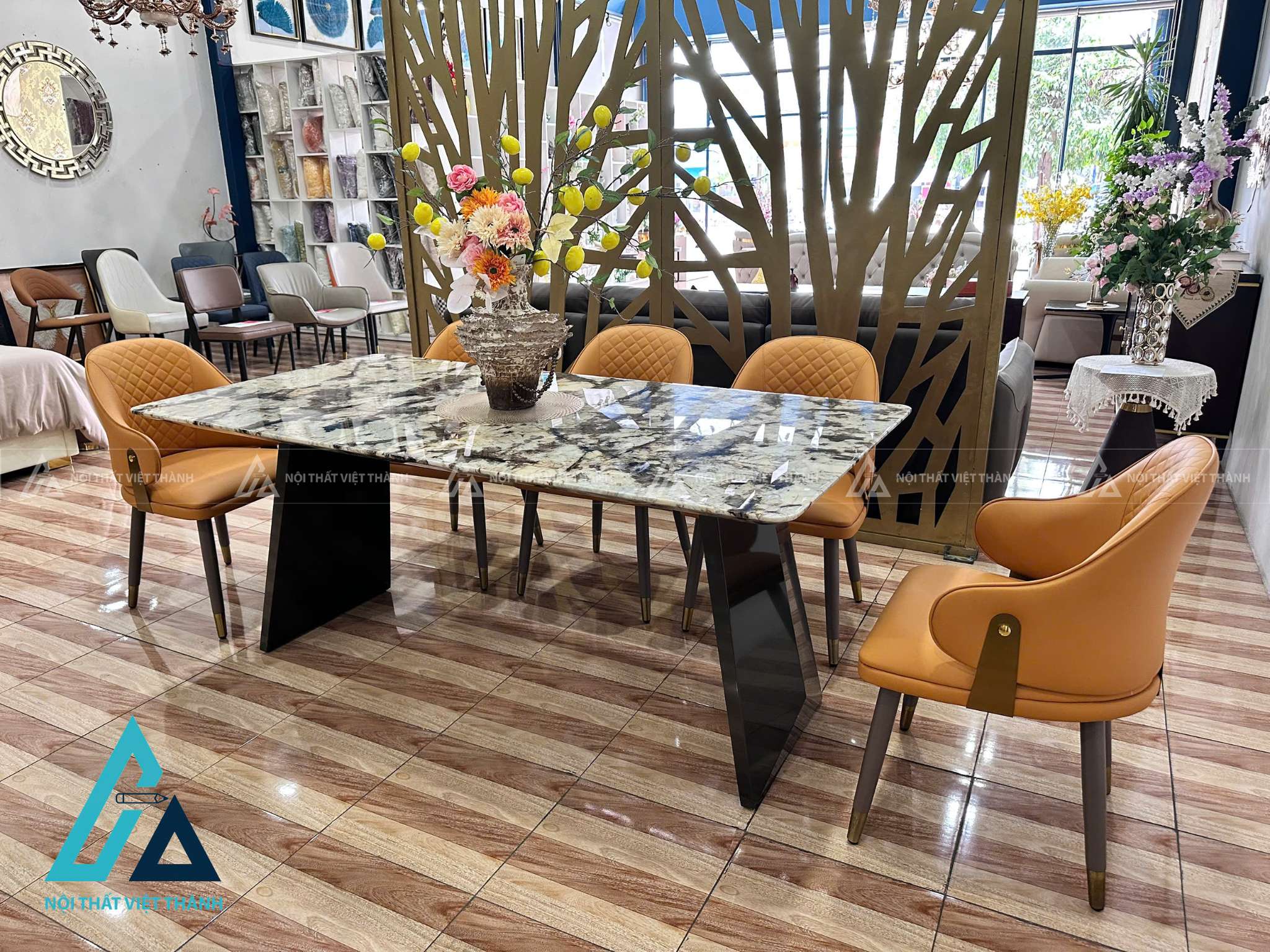 Bộ Bàn Ăn Mặt Đá Tự Nhiên Đẹp Hiện Đại Chân Thép Carbon Không Gỉ 2