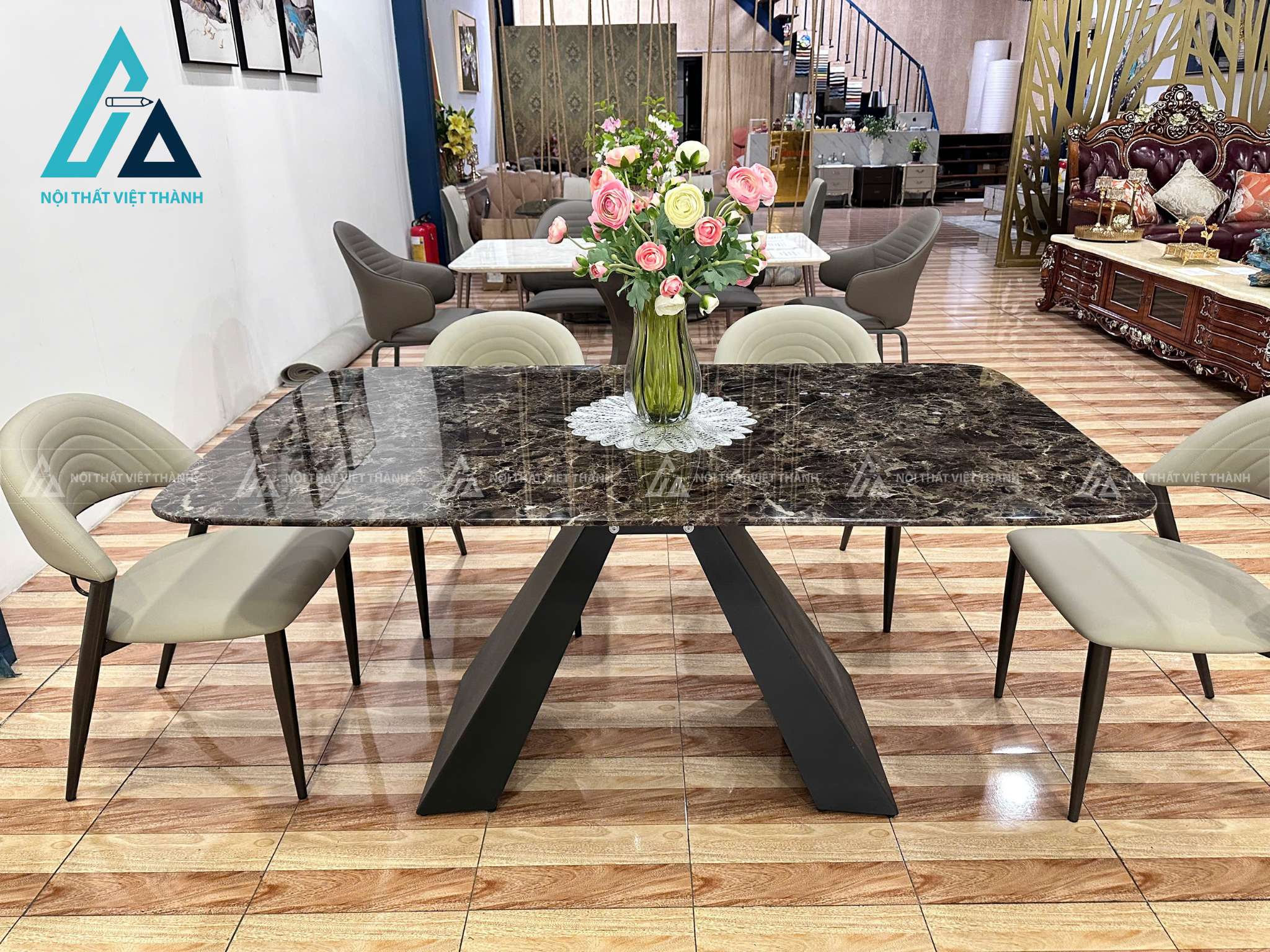 Bộ Bàn Ăn Mặt Đá Nhân Tạo Chân Kim Loại Bọc Da Thiết Kế Hiện Đại 2