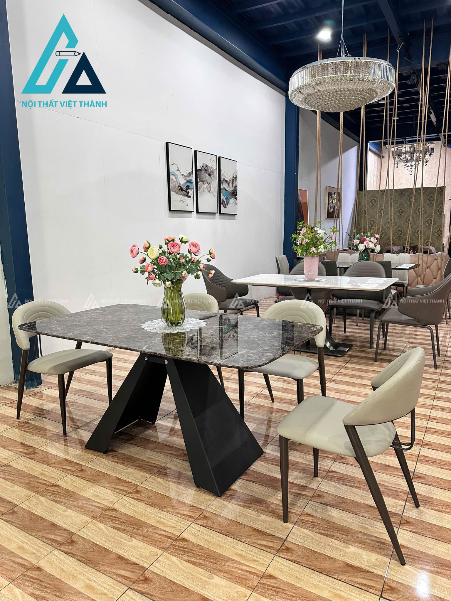 Bộ Bàn Ăn Mặt Đá Nhân Tạo Chân Kim Loại Bọc Da Thiết Kế Hiện Đại 3