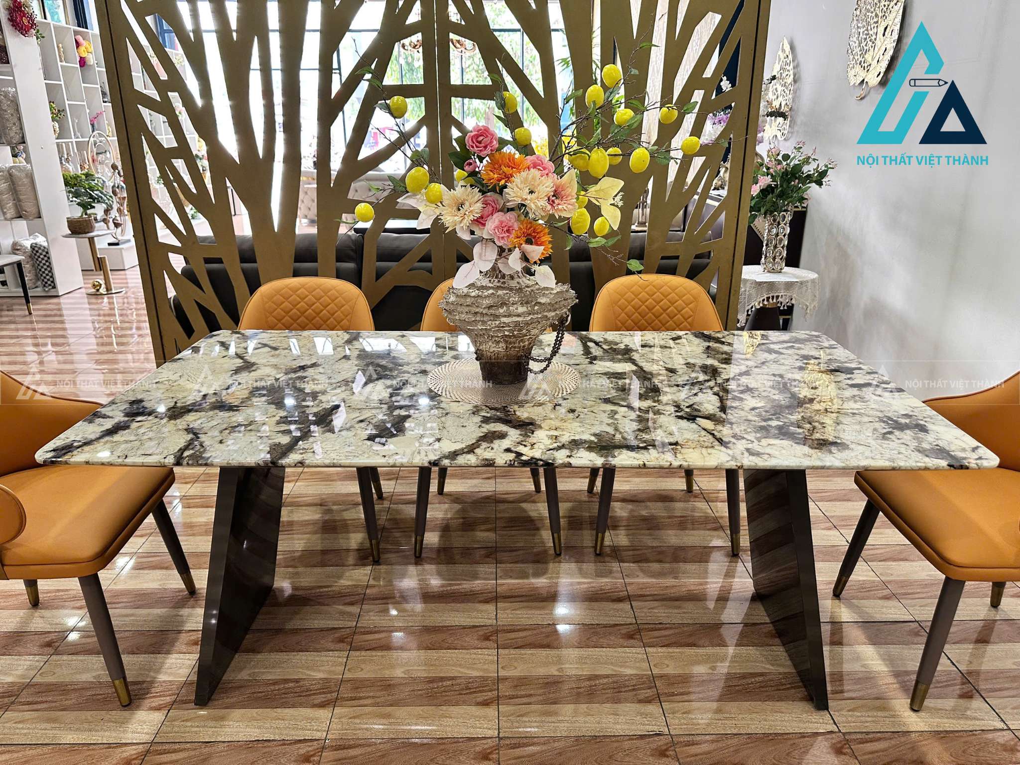 Bộ Bàn Ăn Mặt Đá Tự Nhiên Đẹp Hiện Đại Chân Thép Carbon Không Gỉ 3