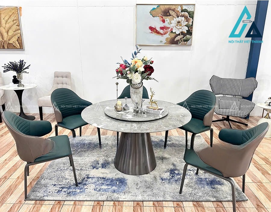 Bộ Bàn Ăn Tròn Xoay Mặt Đá Tự Nhiên Chân Thép Carbon Không Gỉ 3