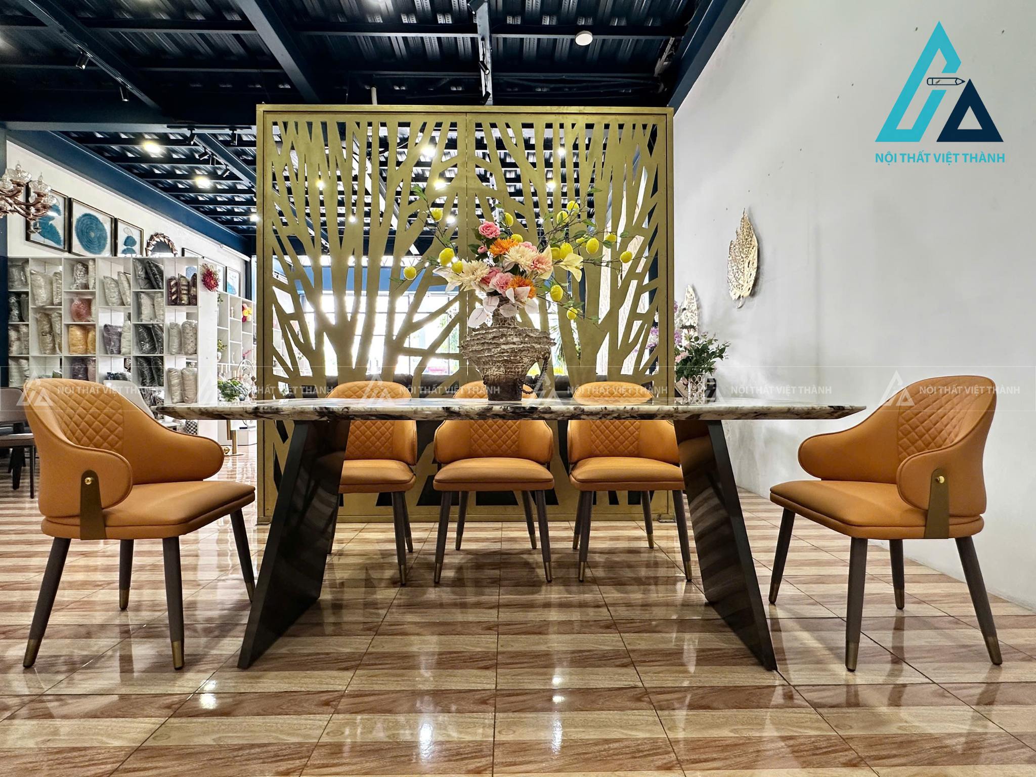 Bộ Bàn Ăn Mặt Đá Tự Nhiên Đẹp Hiện Đại Chân Thép Carbon Không Gỉ 4