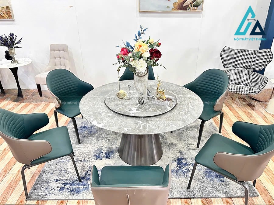 Bộ Bàn Ăn Tròn Xoay Mặt Đá Tự Nhiên Chân Thép Carbon Không Gỉ 4
