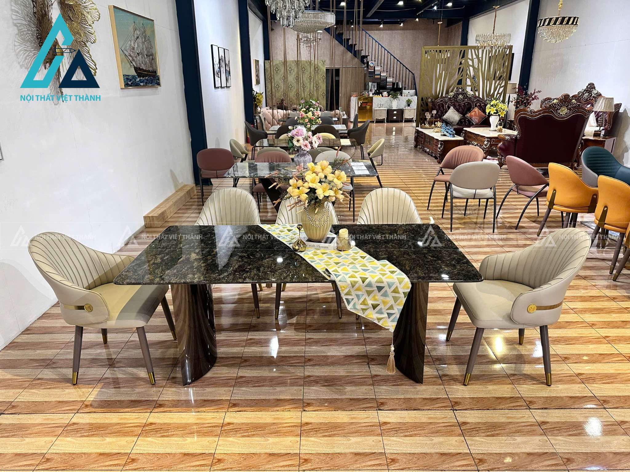 Bộ Bàn Ăn Mặt Đá Nhân Tạo Chân Kim Loại Mạ Tím Moral Sang Trọng Hiện Đại 5