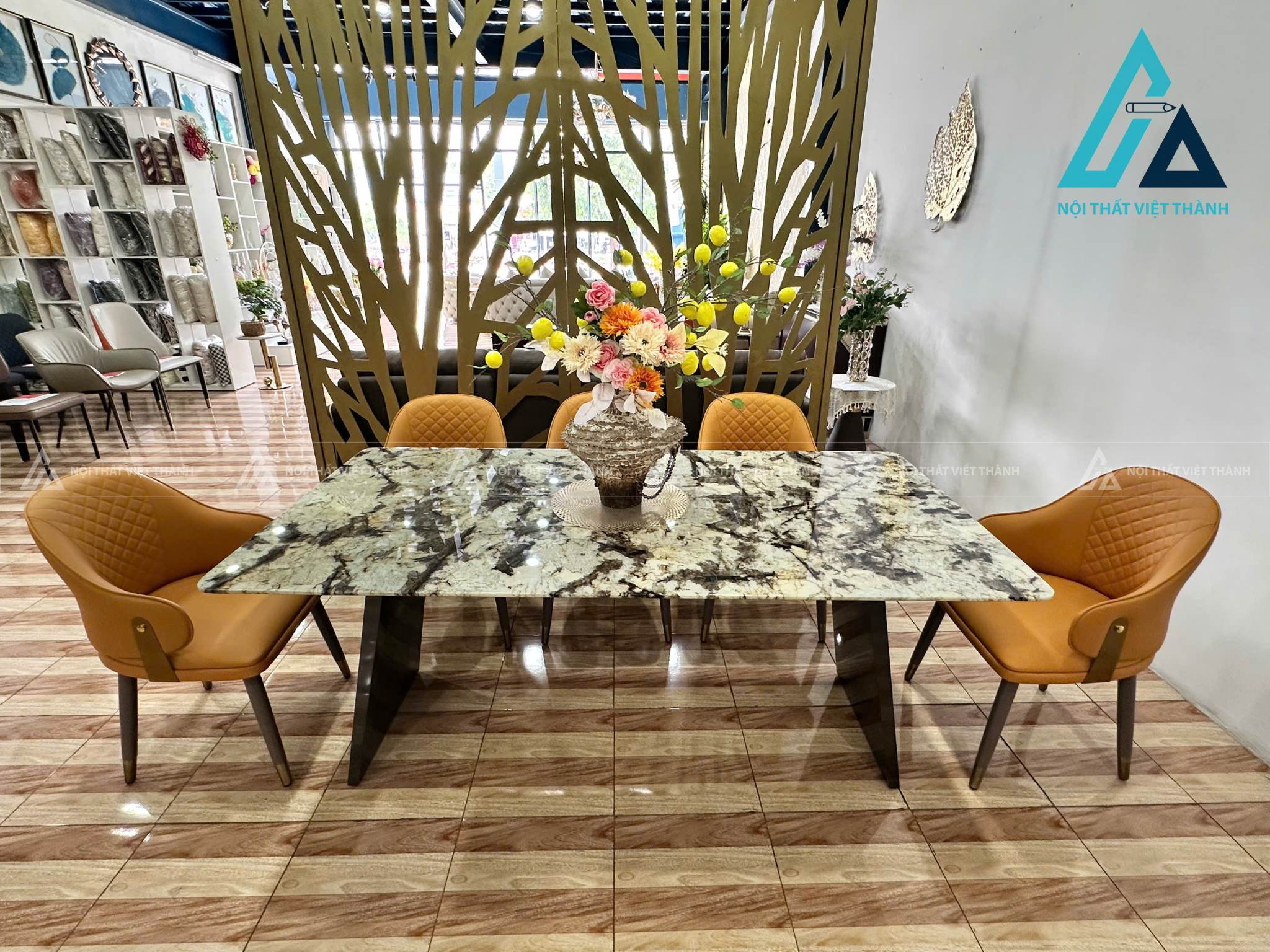 Bộ Bàn Ăn Mặt Đá Tự Nhiên Đẹp Hiện Đại Chân Thép Carbon Không Gỉ 5