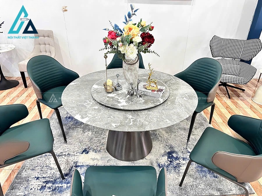 Bộ Bàn Ăn Tròn Xoay Mặt Đá Tự Nhiên Chân Thép Carbon Không Gỉ 5