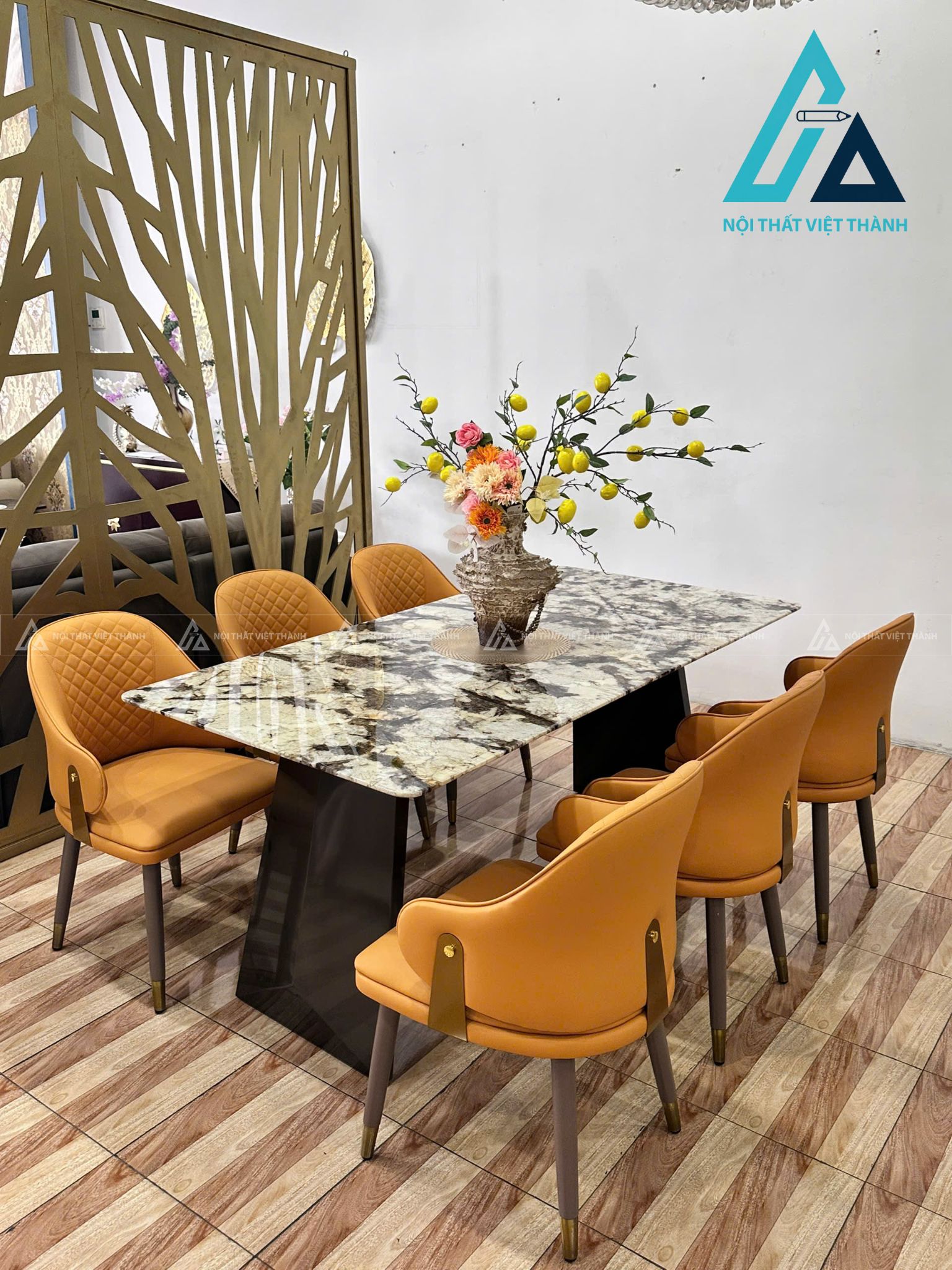 Bộ Bàn Ăn Mặt Đá Tự Nhiên Đẹp Hiện Đại Chân Thép Carbon Không Gỉ 6