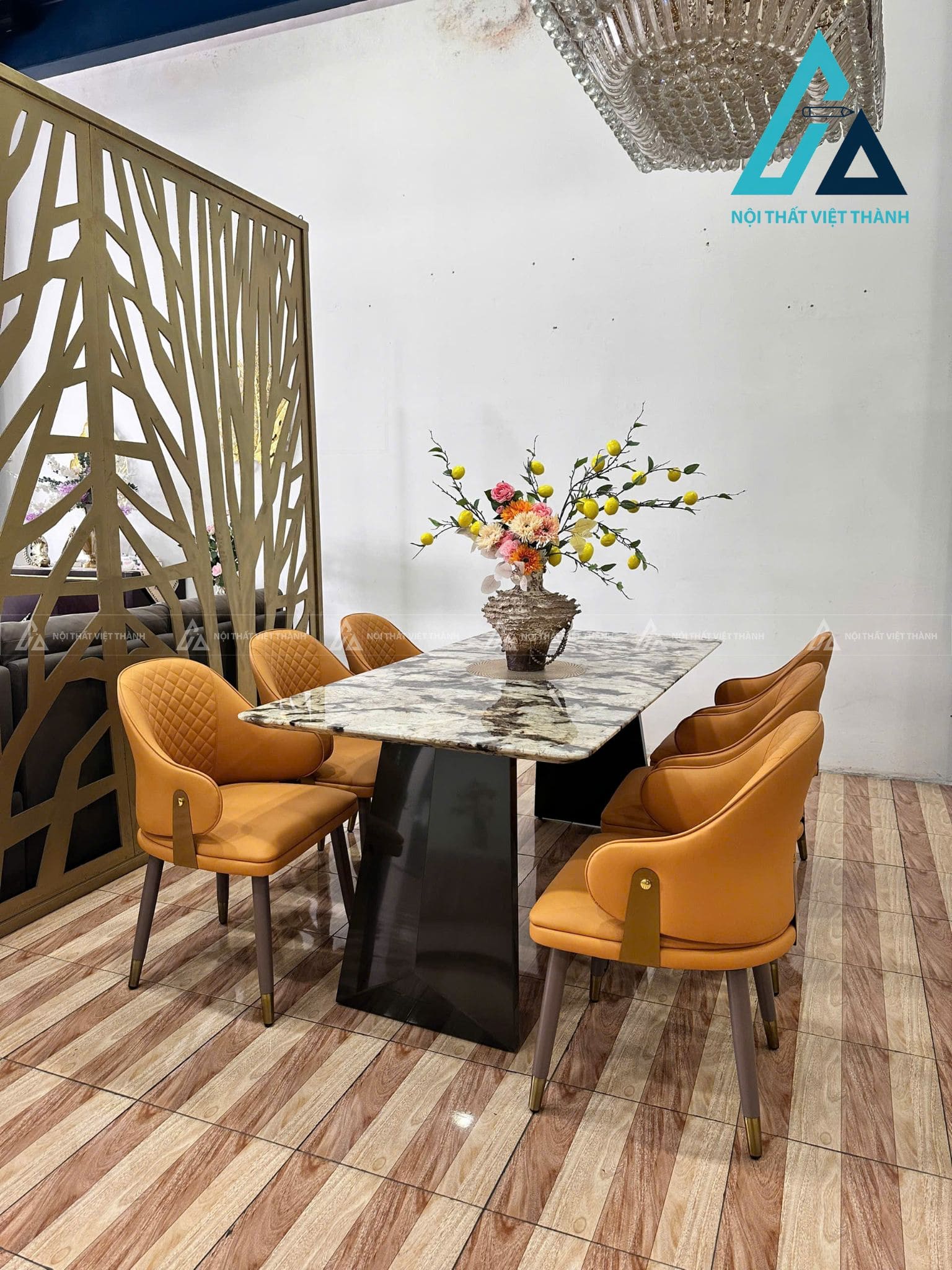 Bộ Bàn Ăn Mặt Đá Tự Nhiên Đẹp Hiện Đại Chân Thép Carbon Không Gỉ 7