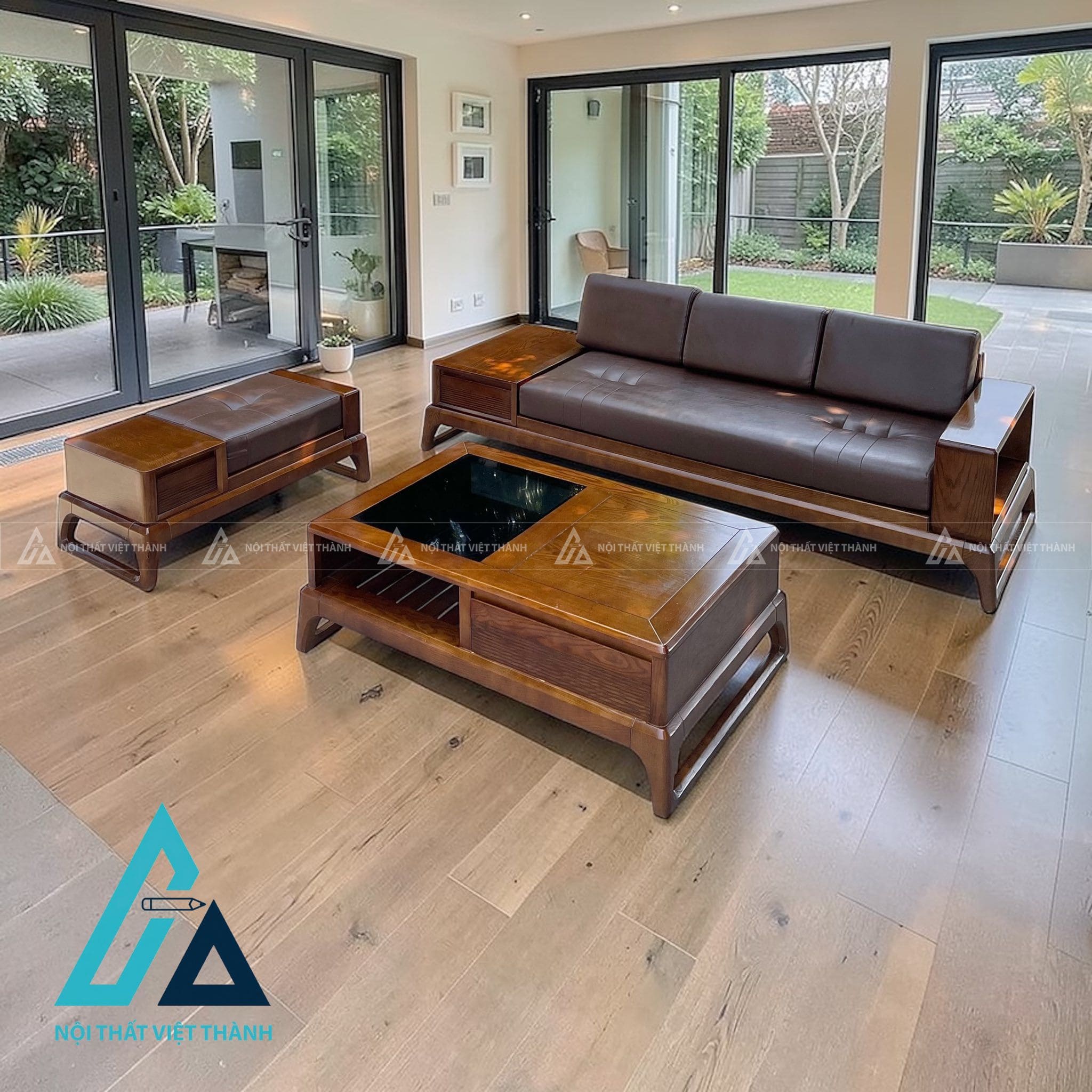 Bộ bàn ghế Sofa gỗ nâu cho biệt thự