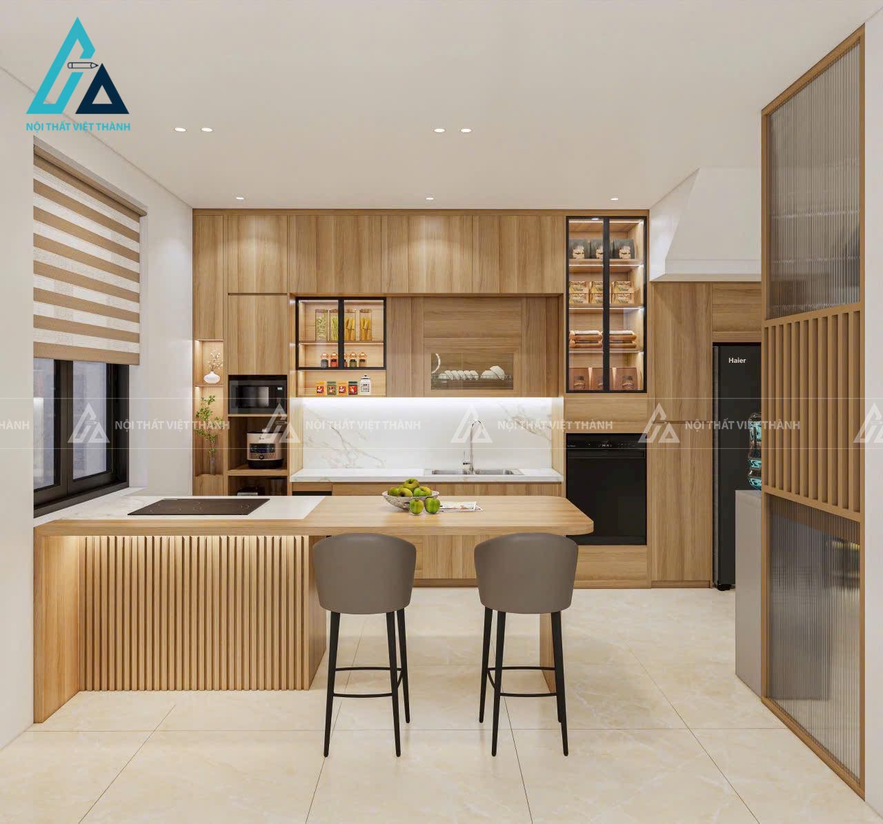 Nhà bếp full gỗ vàng thẩm mỹ cao