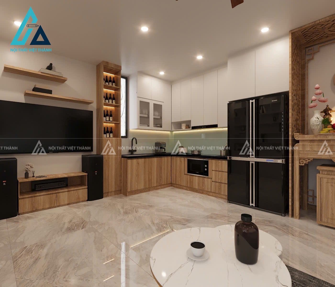 Tủ bếp vân gỗ vàng- trắng hài hoà cho căn bếp
