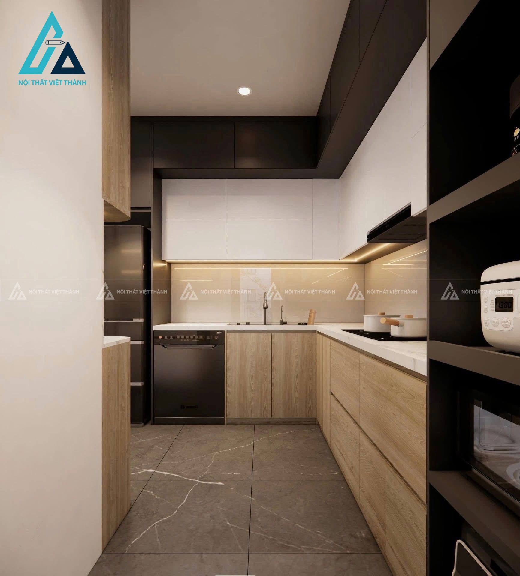 Nhà bếp gỗ công nghiệp vân gỗ vàng hiện đại