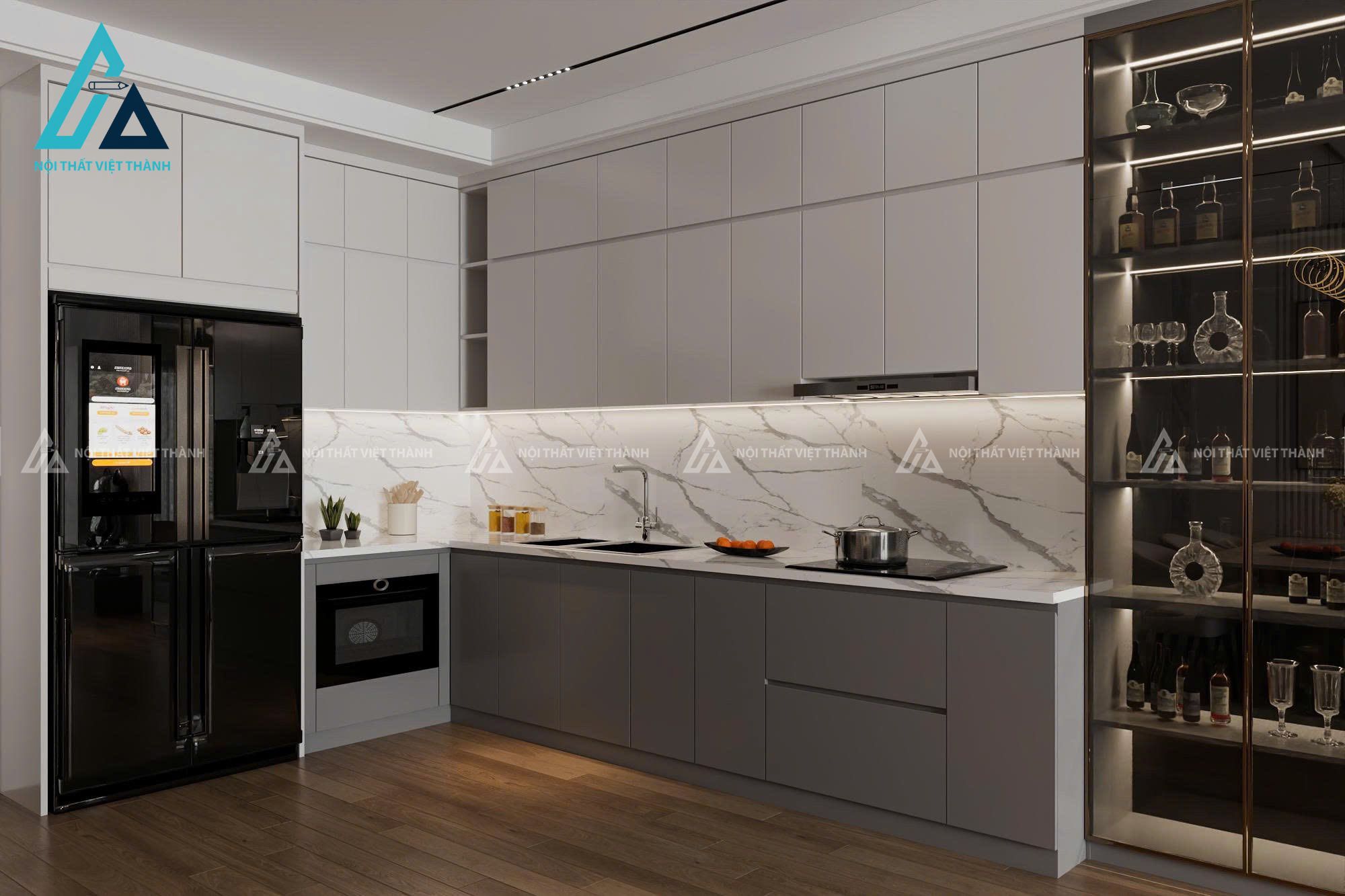 Mẫu nhà bếp hiện đại tone trắng- xám hài hoà