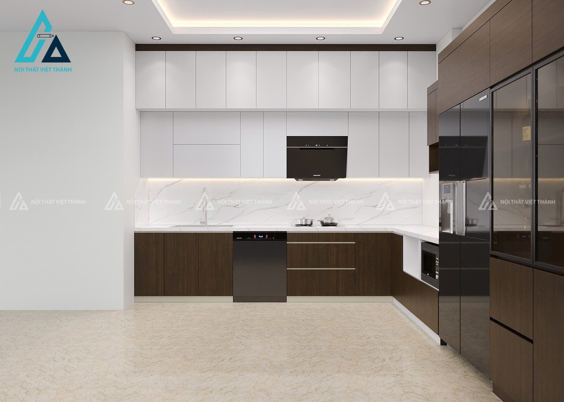 Nhà bếp kết hợp tủ vân gỗ và tủ treo trắng
