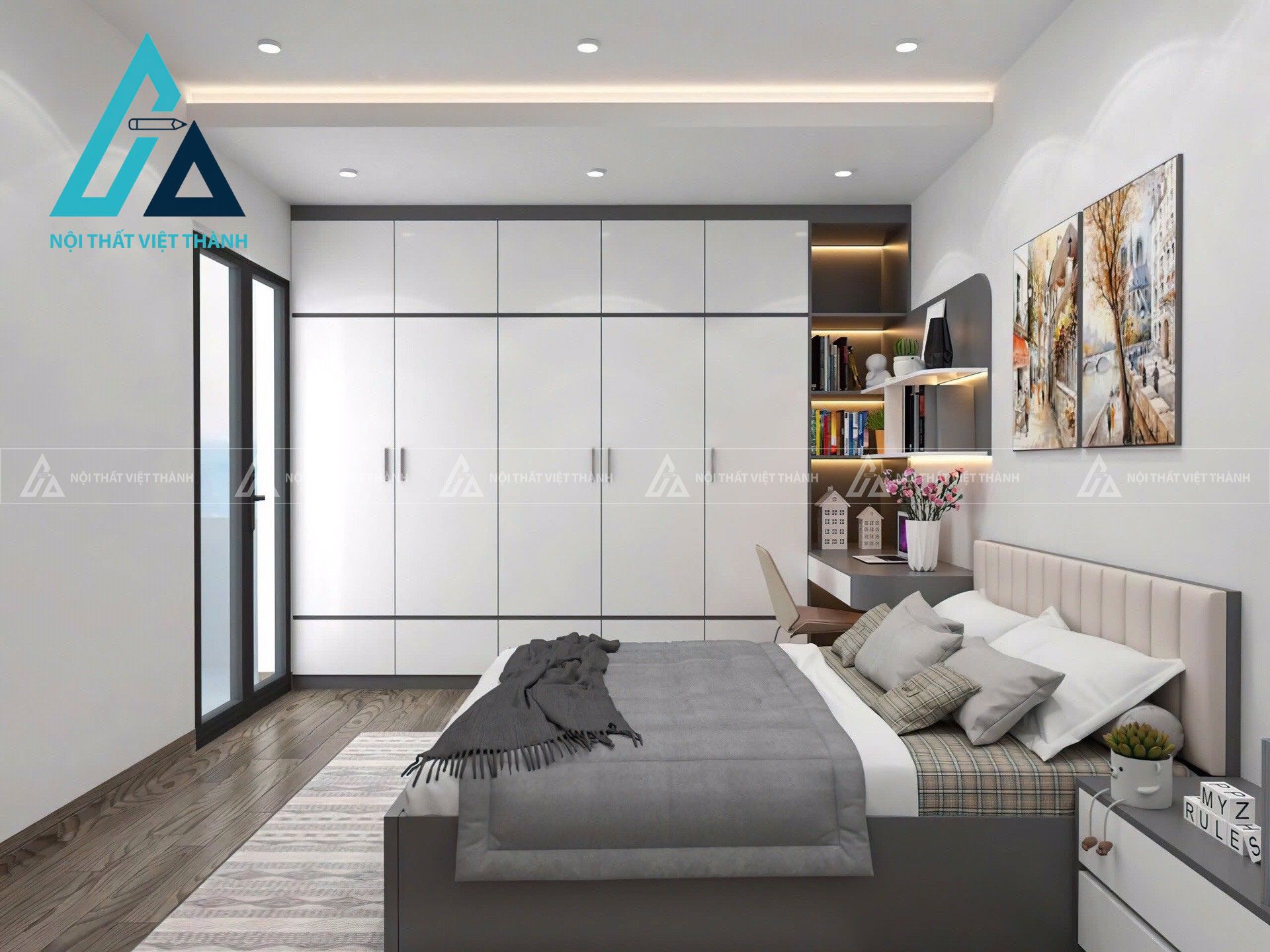 Combo nội thất phòng ngủ tone trắng- xám