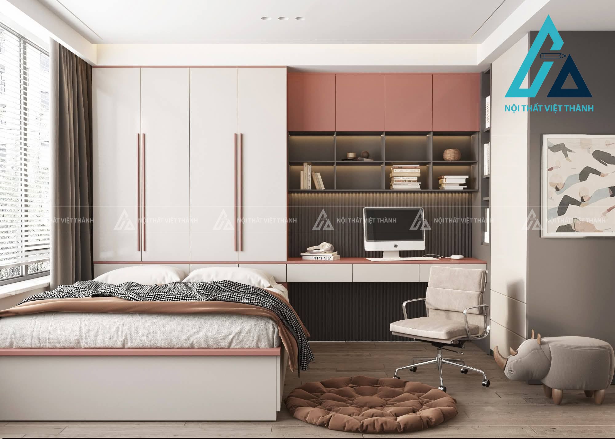 Combo phòng ngủ tone hồng-trắng hiện đại