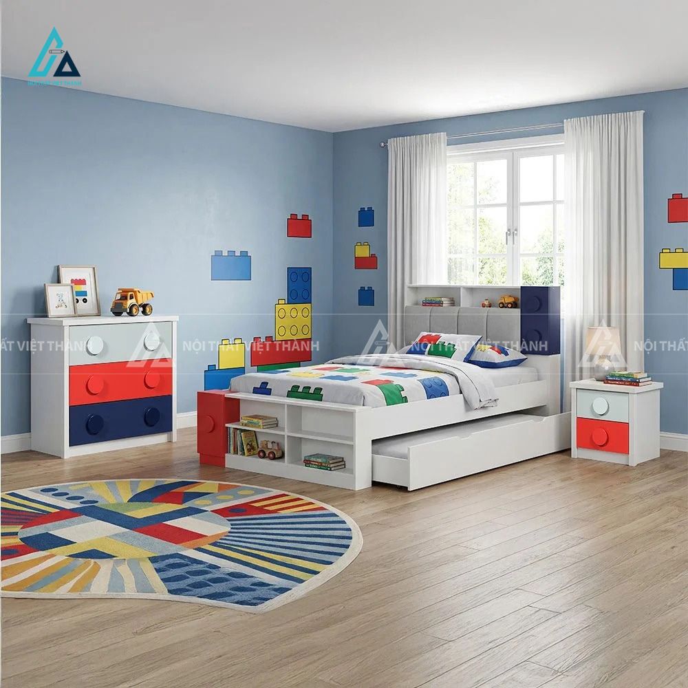 Combo Phòng Ngủ Trẻ Em Hình Lego Gồm Giường Kéo Thông Minh Tủ Ngăn Kéo Và Táp Đầu Giường